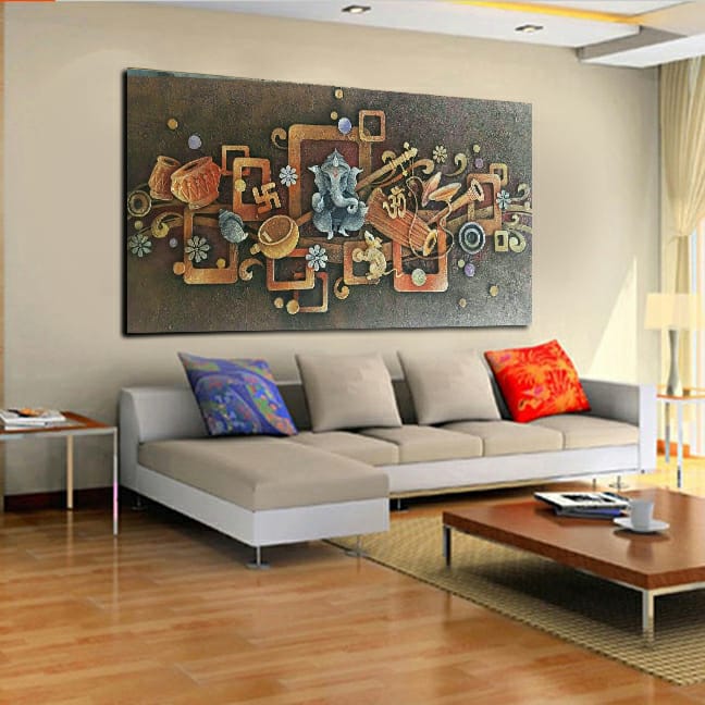 8ft x 4ft Ganesha Mixed Media Mural for a living room for a duplex