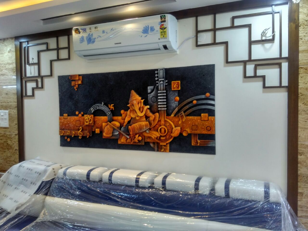 7ft x 4ft Ganesh Abstract Mixed Media Mural for living room for a 3BHK