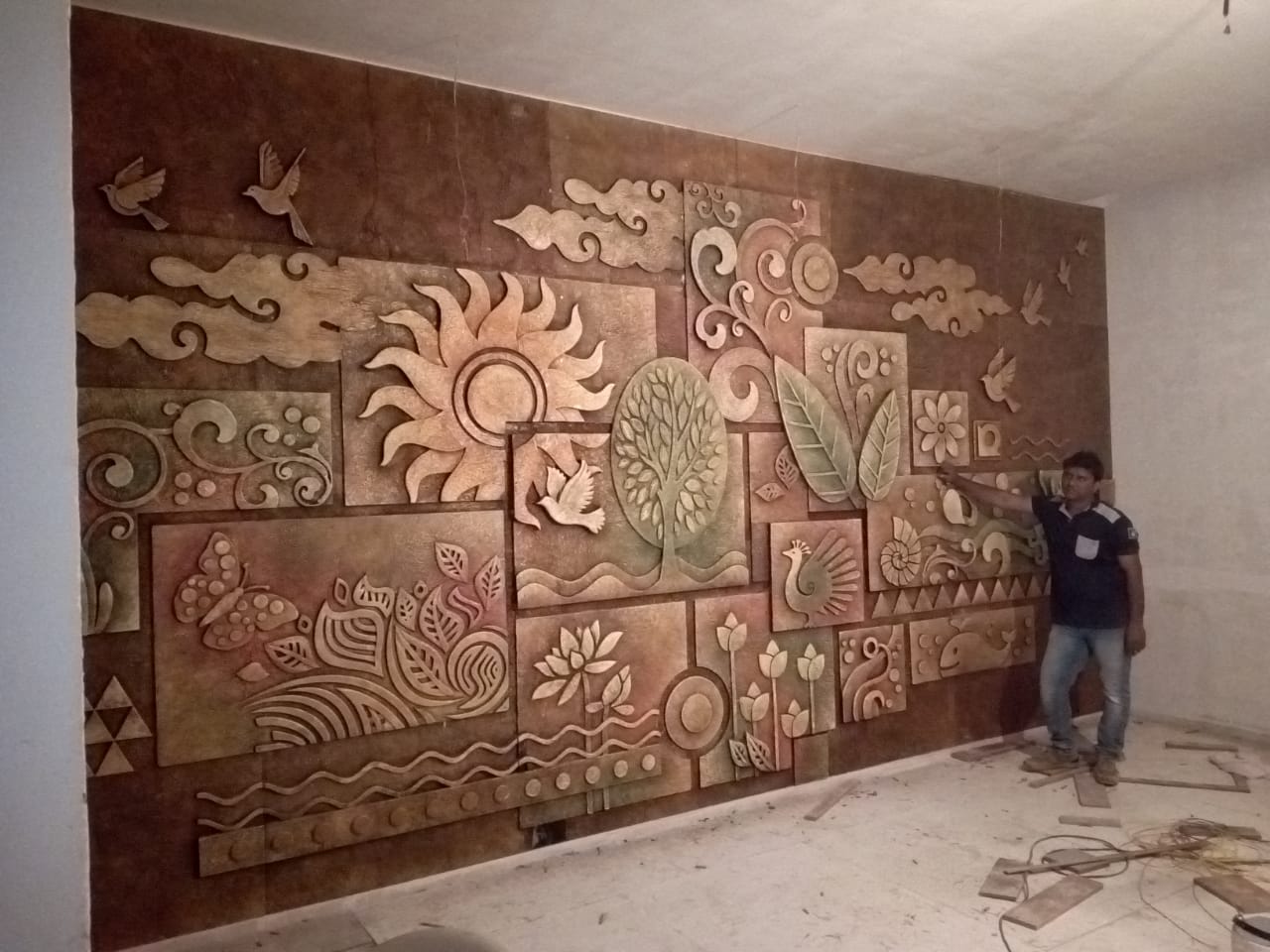 9ft x 14ft Abstract Nature Mixed Media Mural with multi-colour antique finishing