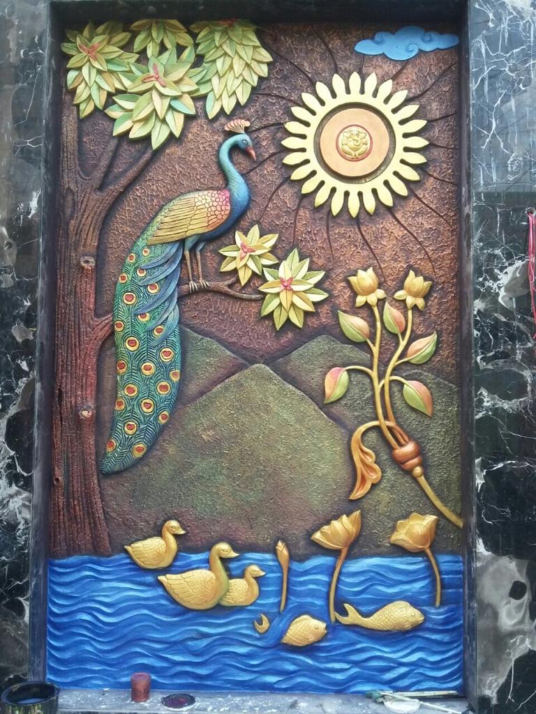 5ft x 8ft Peacock Cement Mural for Exterior wall with multi colour antique