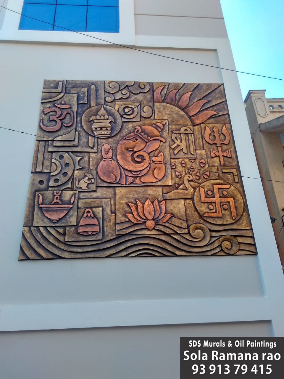 12ft x 8ft Ganesh Abstract Cement Mural for exterior wall with coloured antique