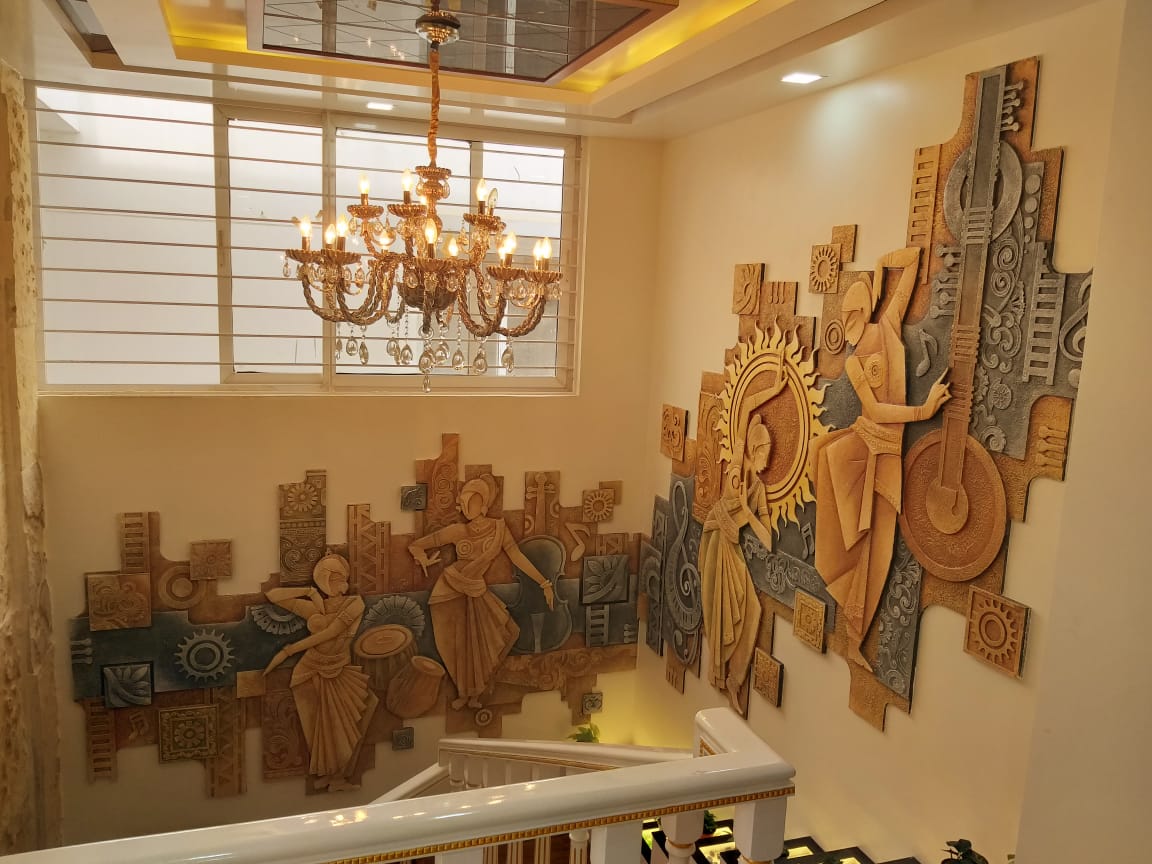 16ft x 7ft Indian Traditional Dance and Music Mixed Media Mural for staircase for a villa