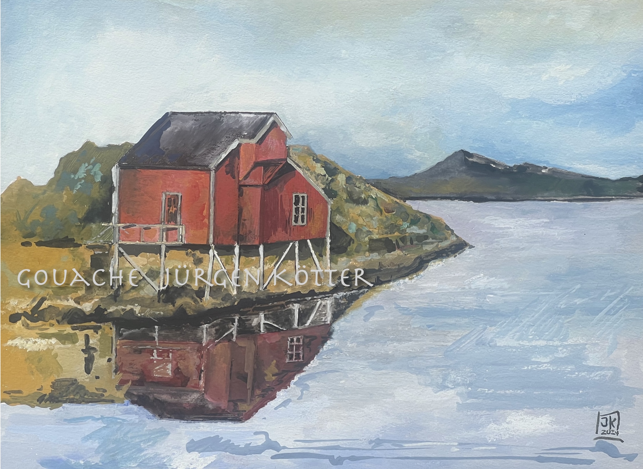 Rote Fischerhütte am Fjord 