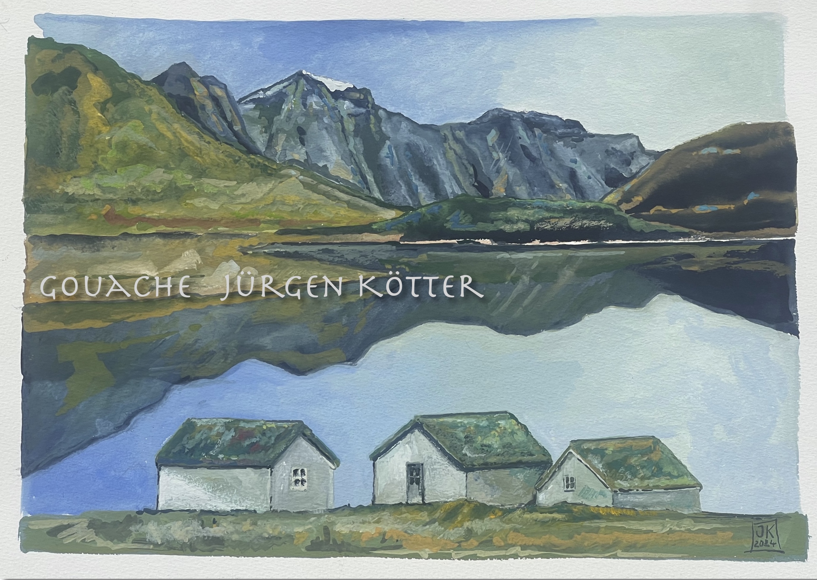 Drei Fischerhütten am einem Fjord in Norwegen