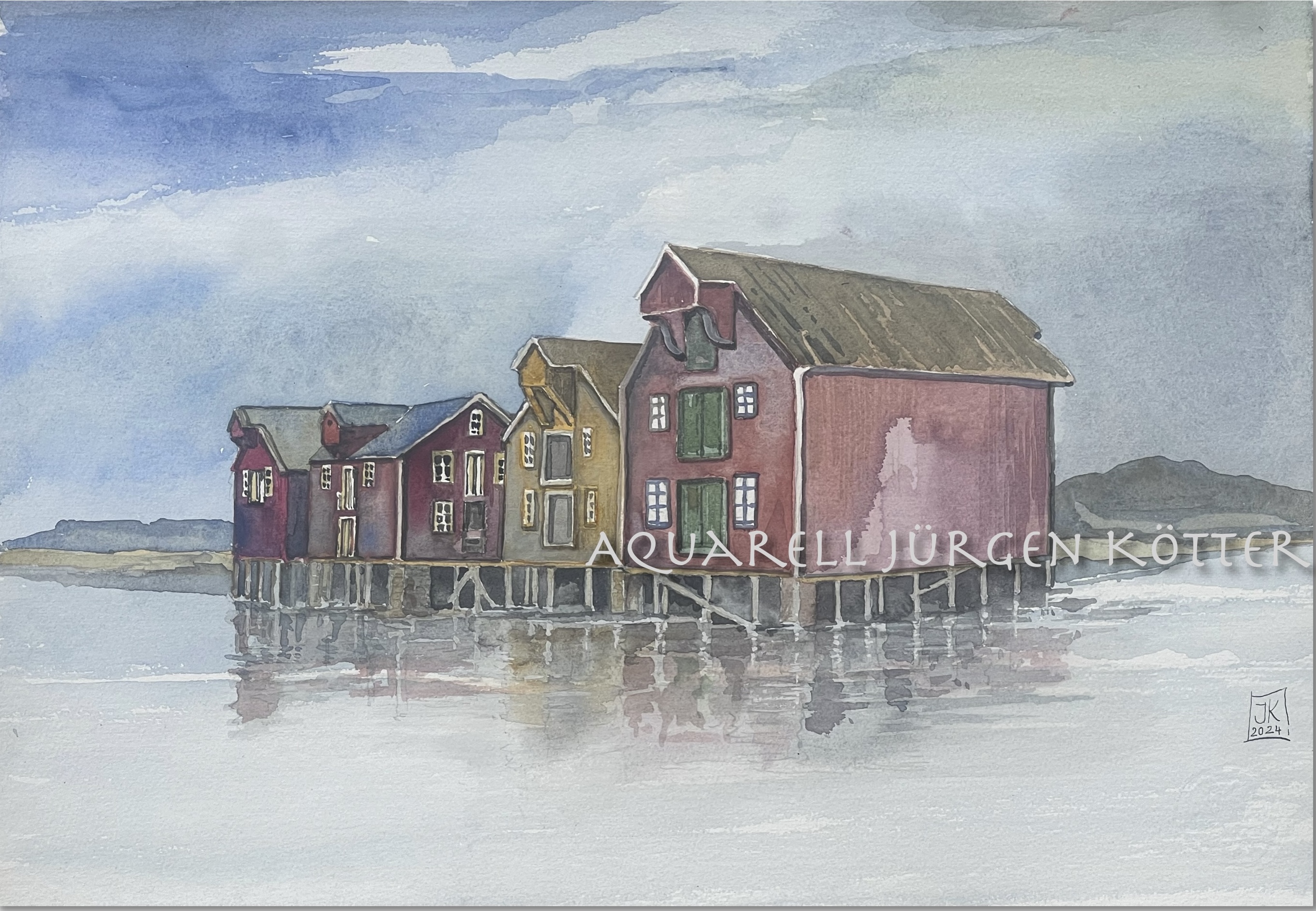 Aquarellbild von Hafenhäusern Rorvik