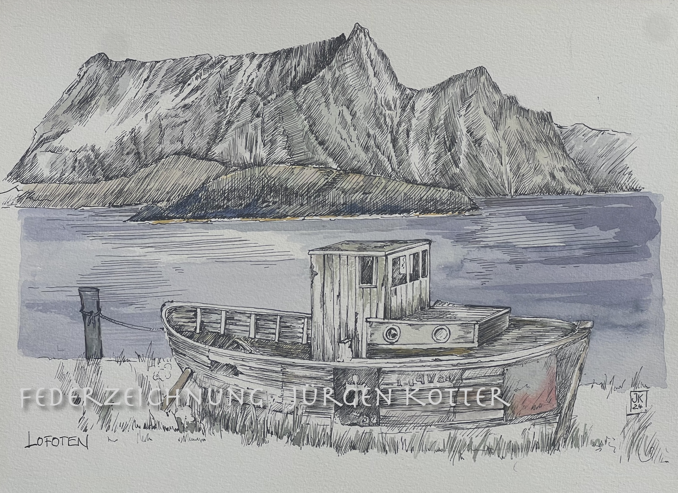  Federzeichnung altes Fischerboot auf Land 