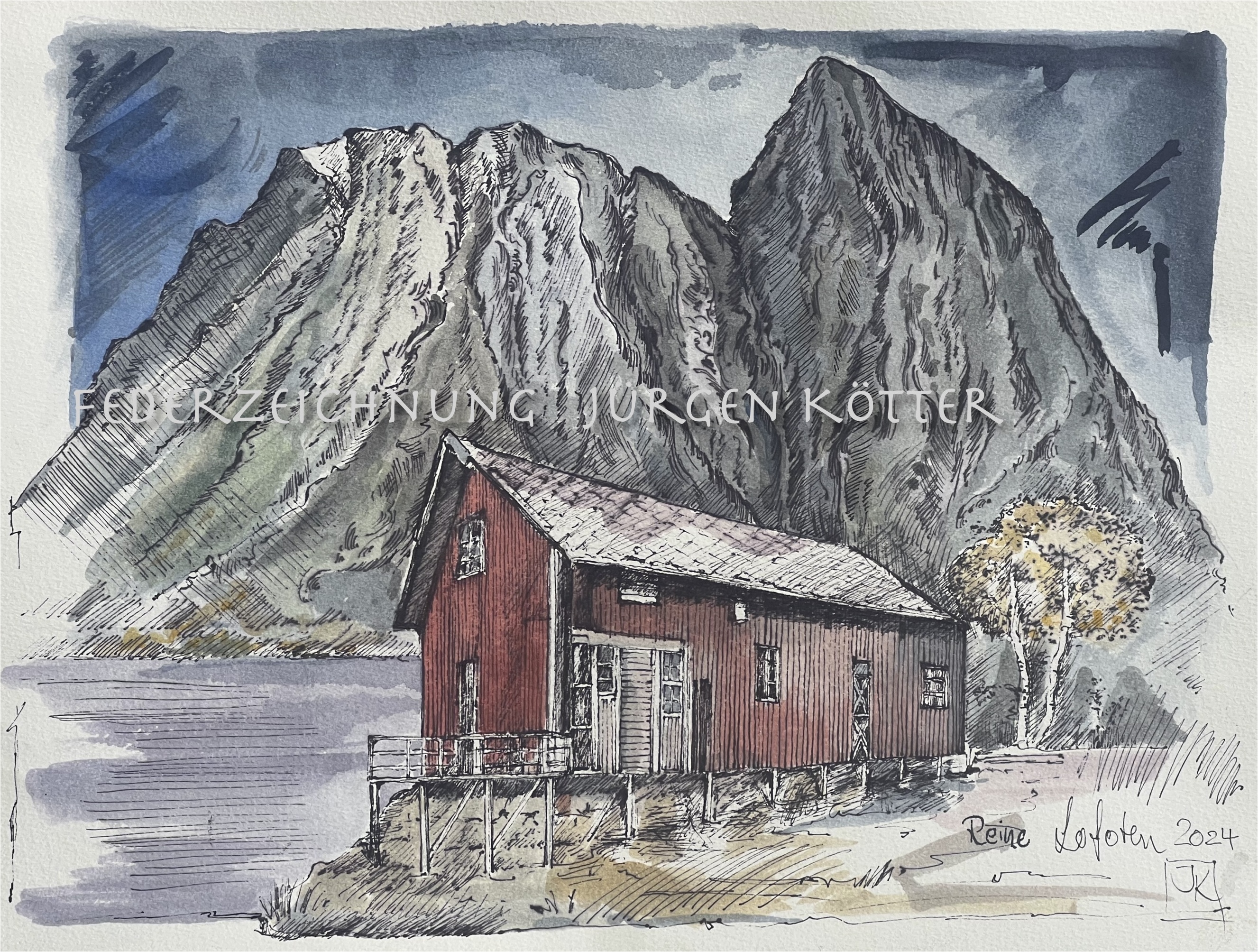 Federzeichnung altes Haus auf den Lofoten Norwegen