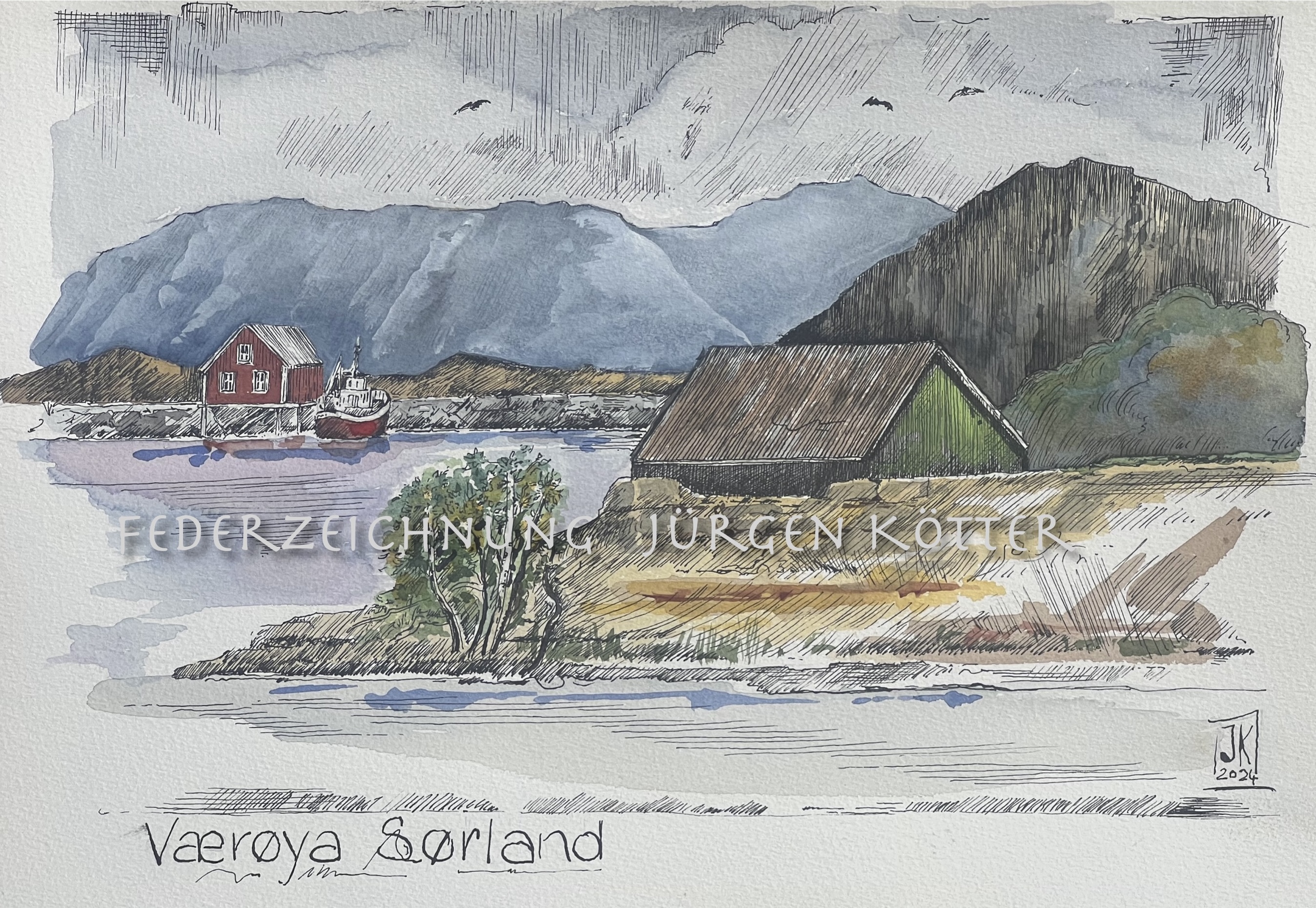 Federzeichnung Hafen Værøya Sørland Norwegen