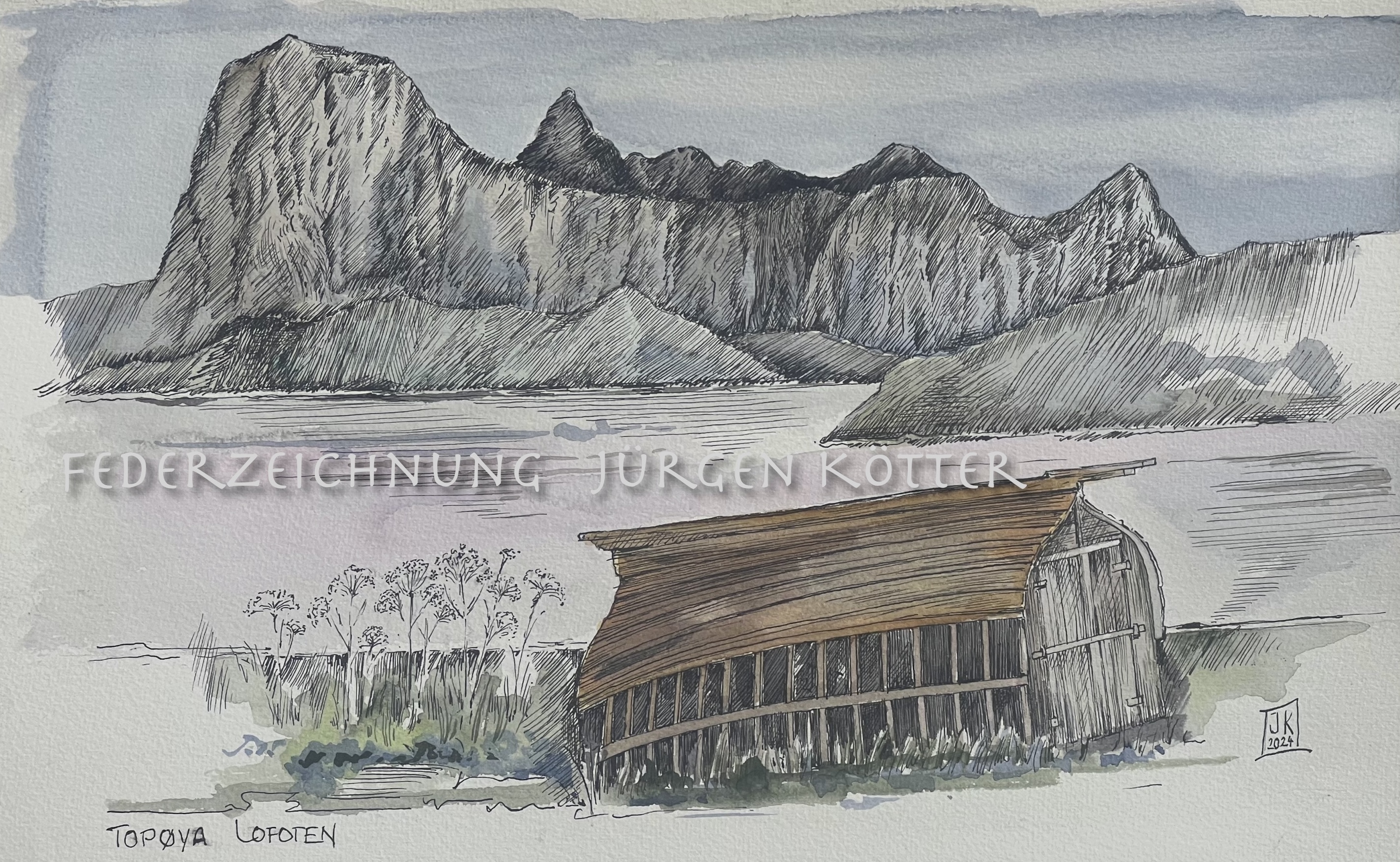 Federzeichnung halber Schiffsrumpf als Fischerhütte