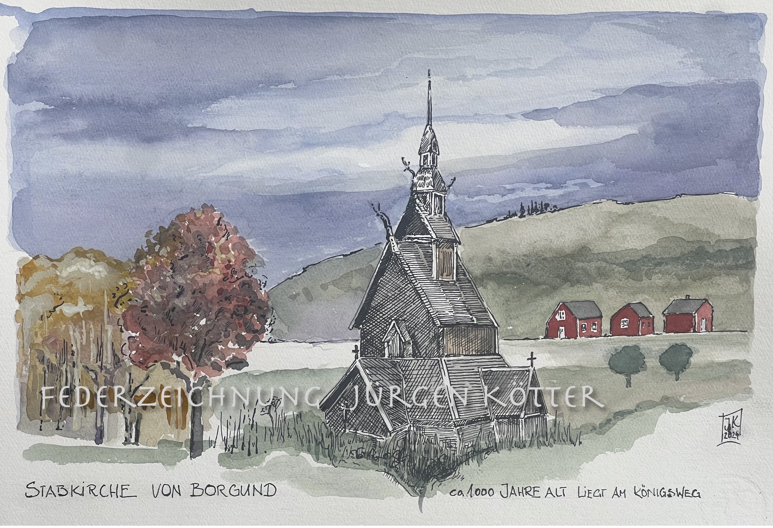 Federzeichnung Holzstabkirche von Borgund Norwegen