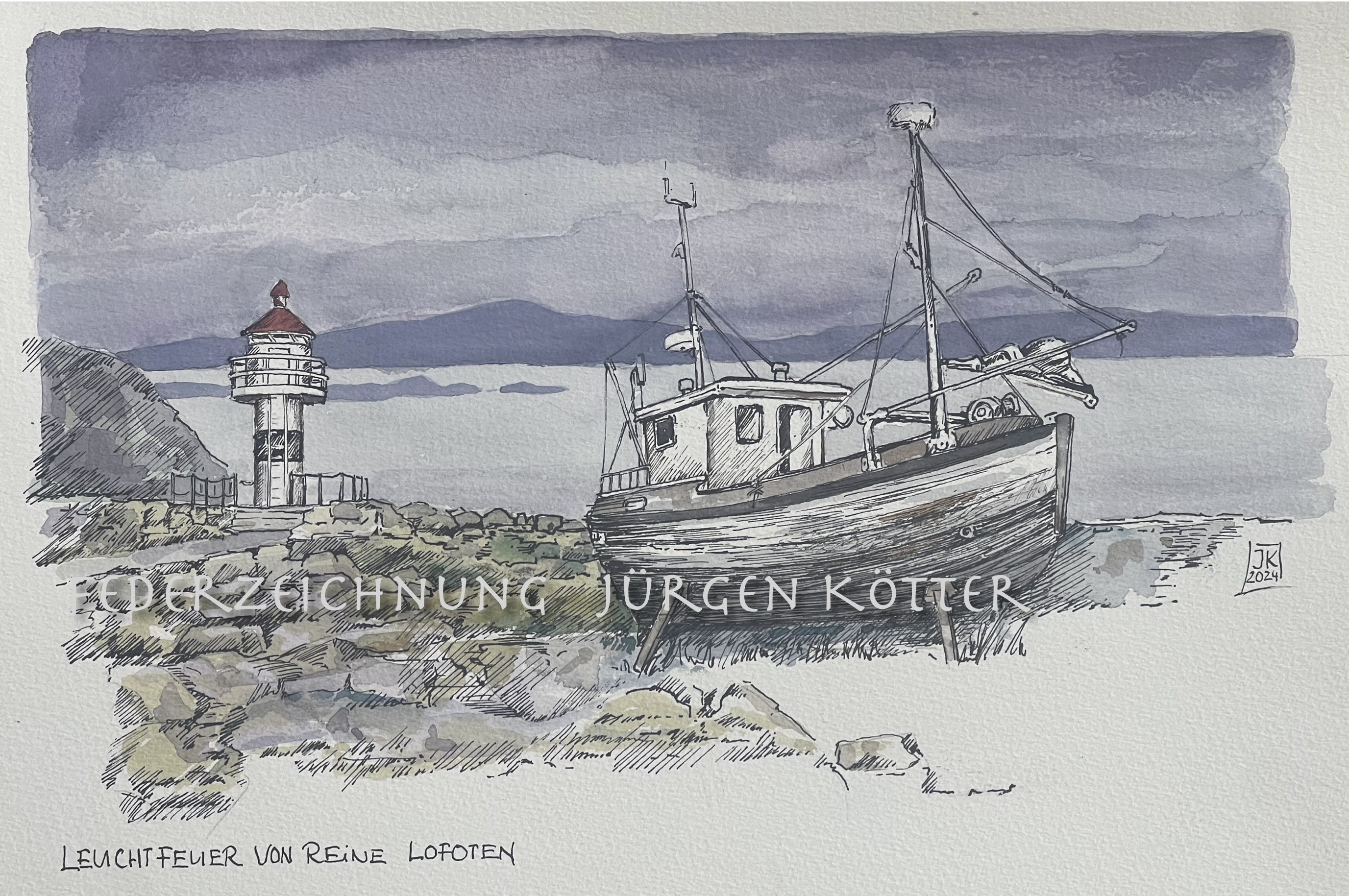 Federzeichnung Hafen Reine Lofoten