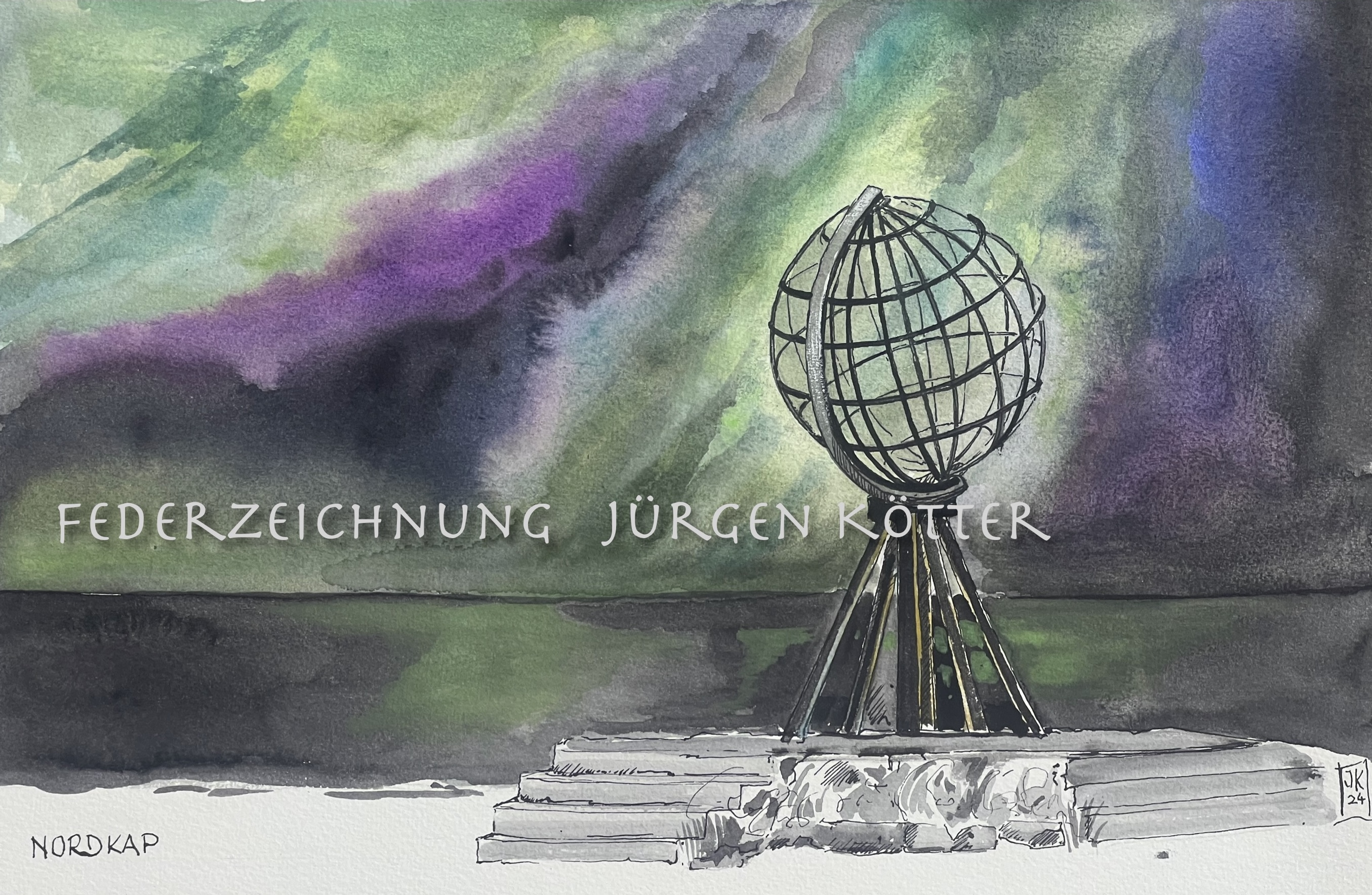 Federzeichnung Nordkap mit Polarlichtern