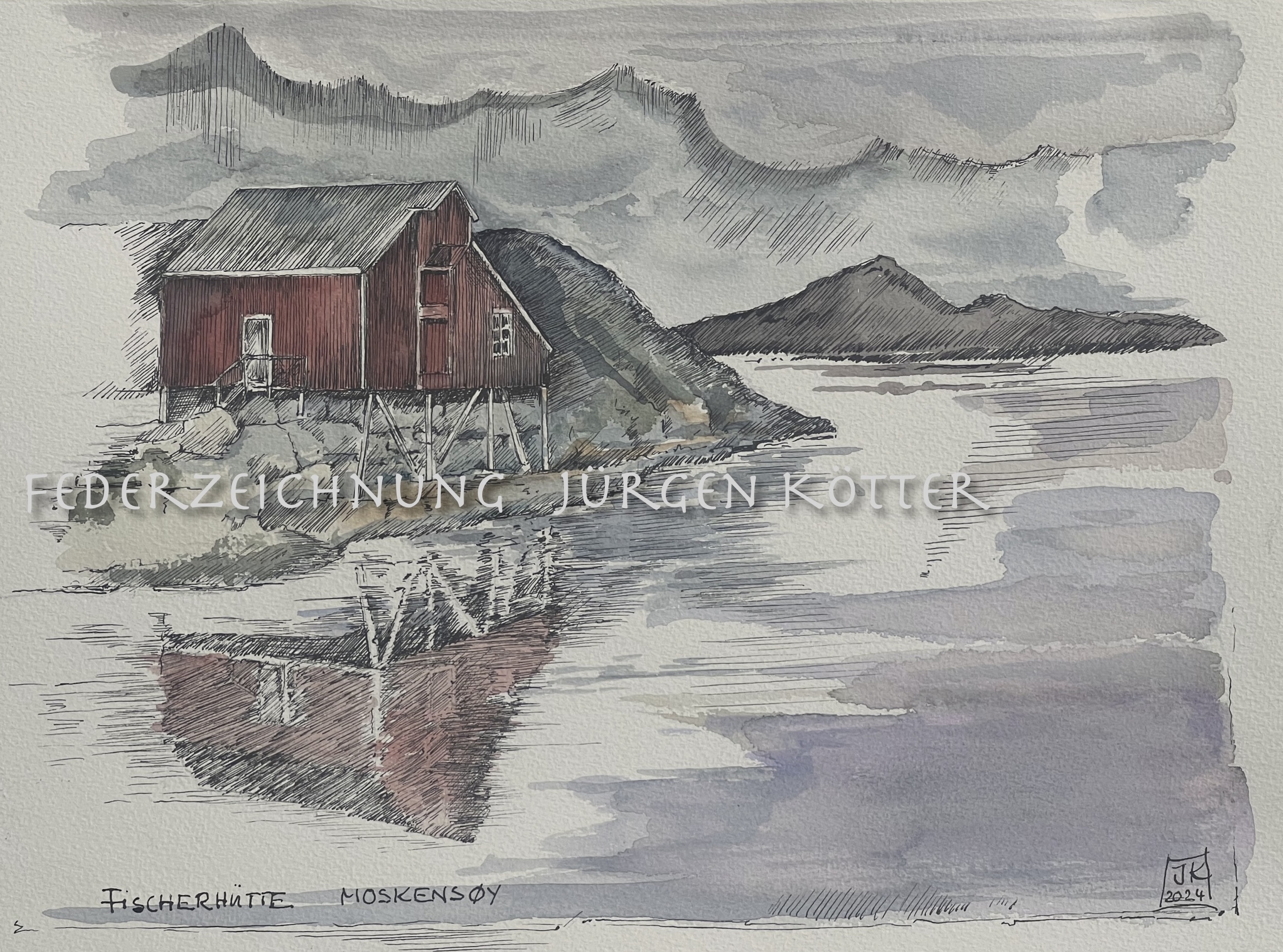 Federzeichnung  Fischerhütte am Fjord