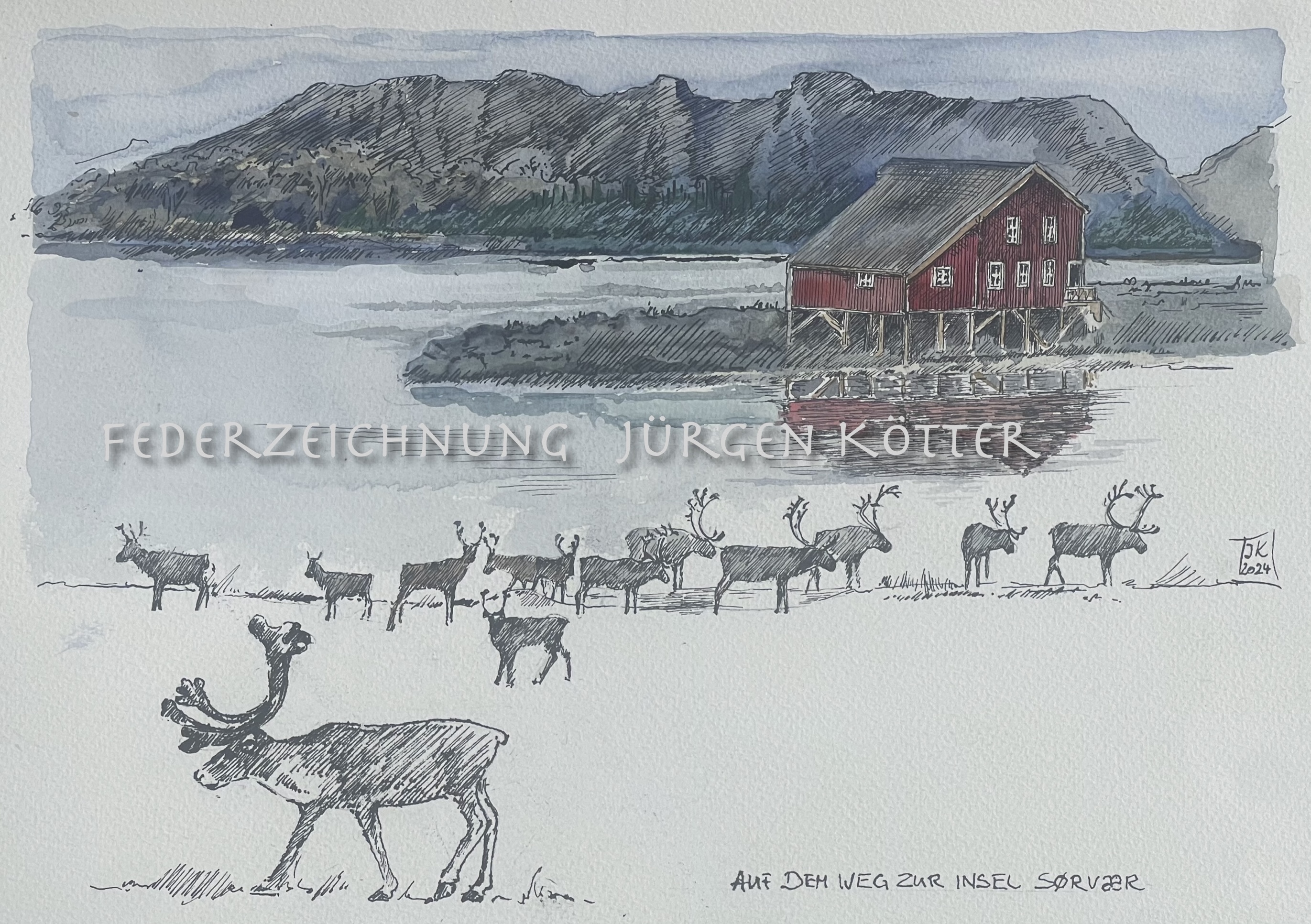 Federzeichnung rotes Haus mit Rentieren