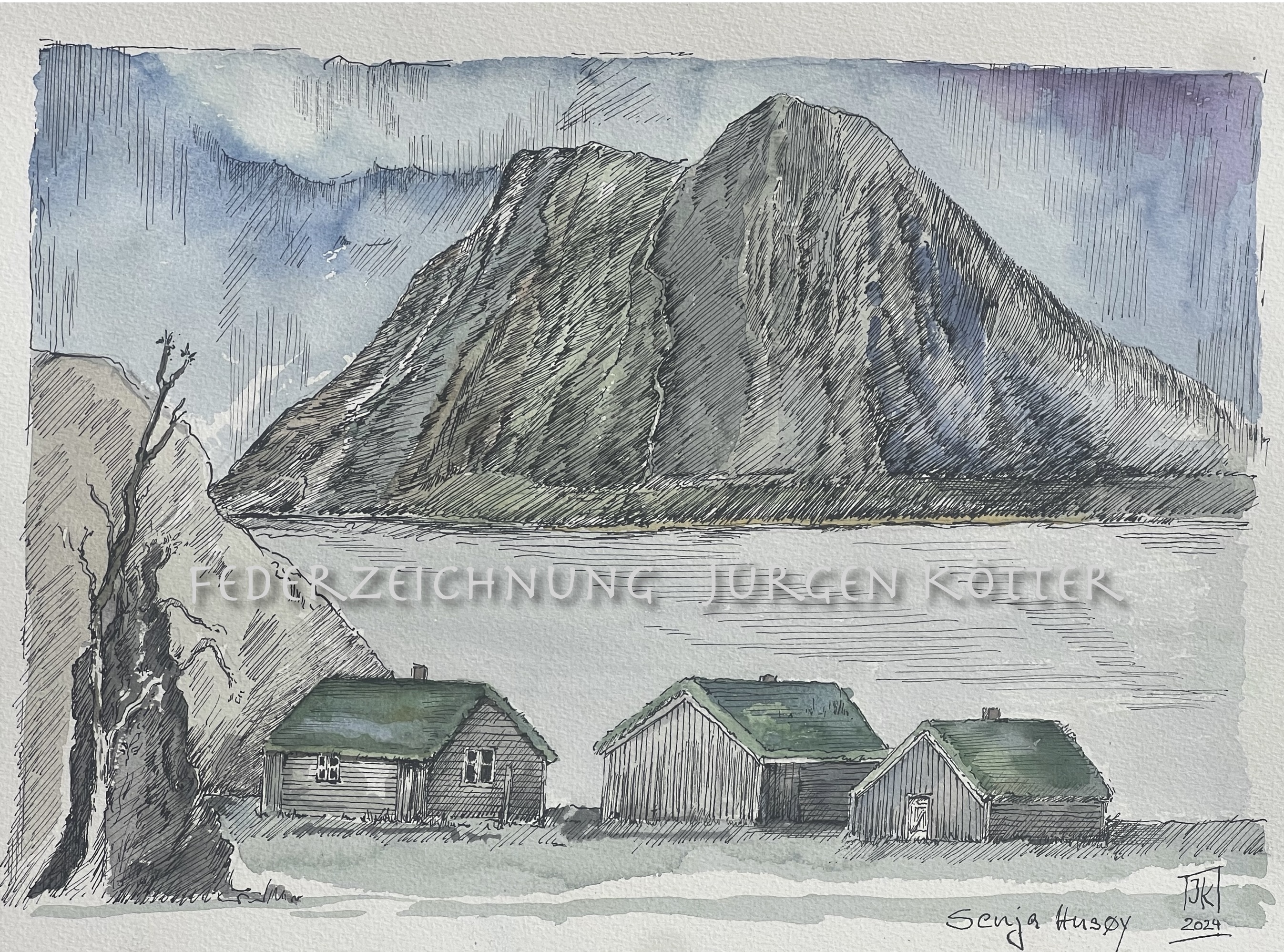 Federzeichnung Drei Fischerhütten am Fjord