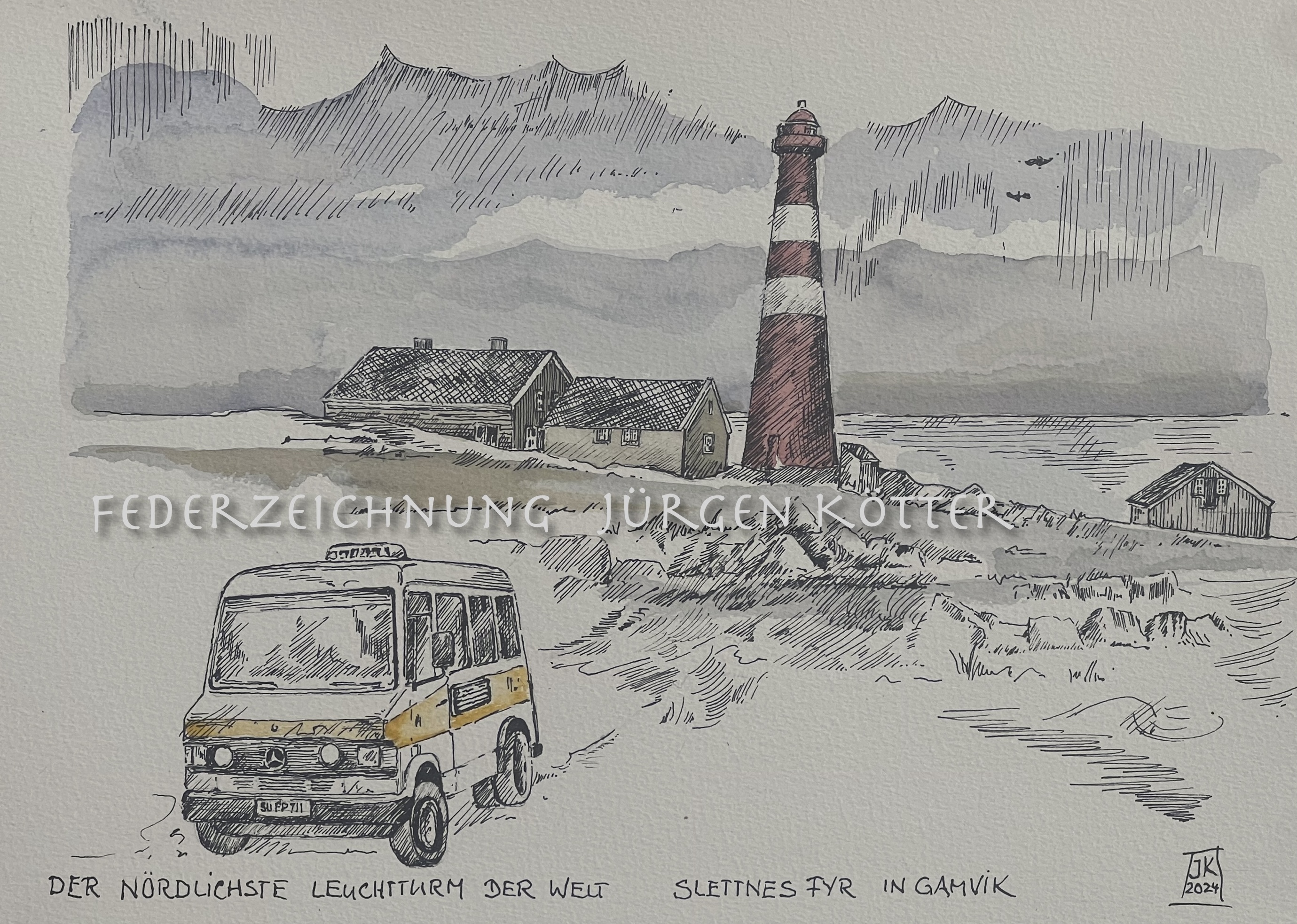Federzeichnung "Slettnes Fyr in Gamvik"