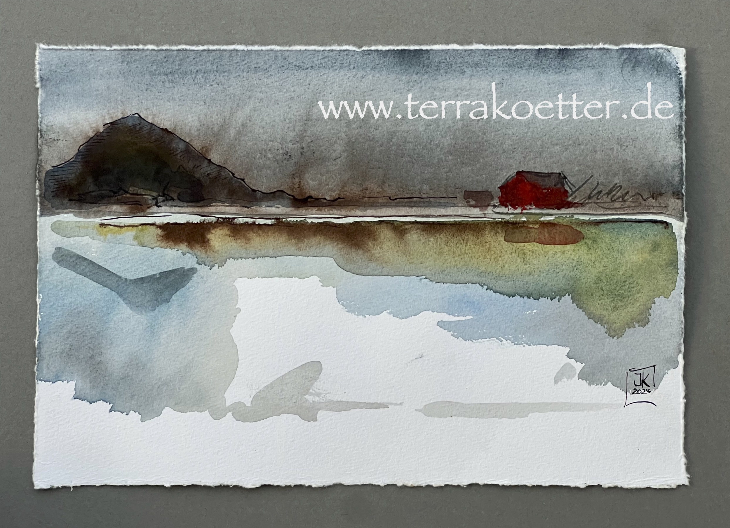 Aquarell Fischerhütte am Fjord