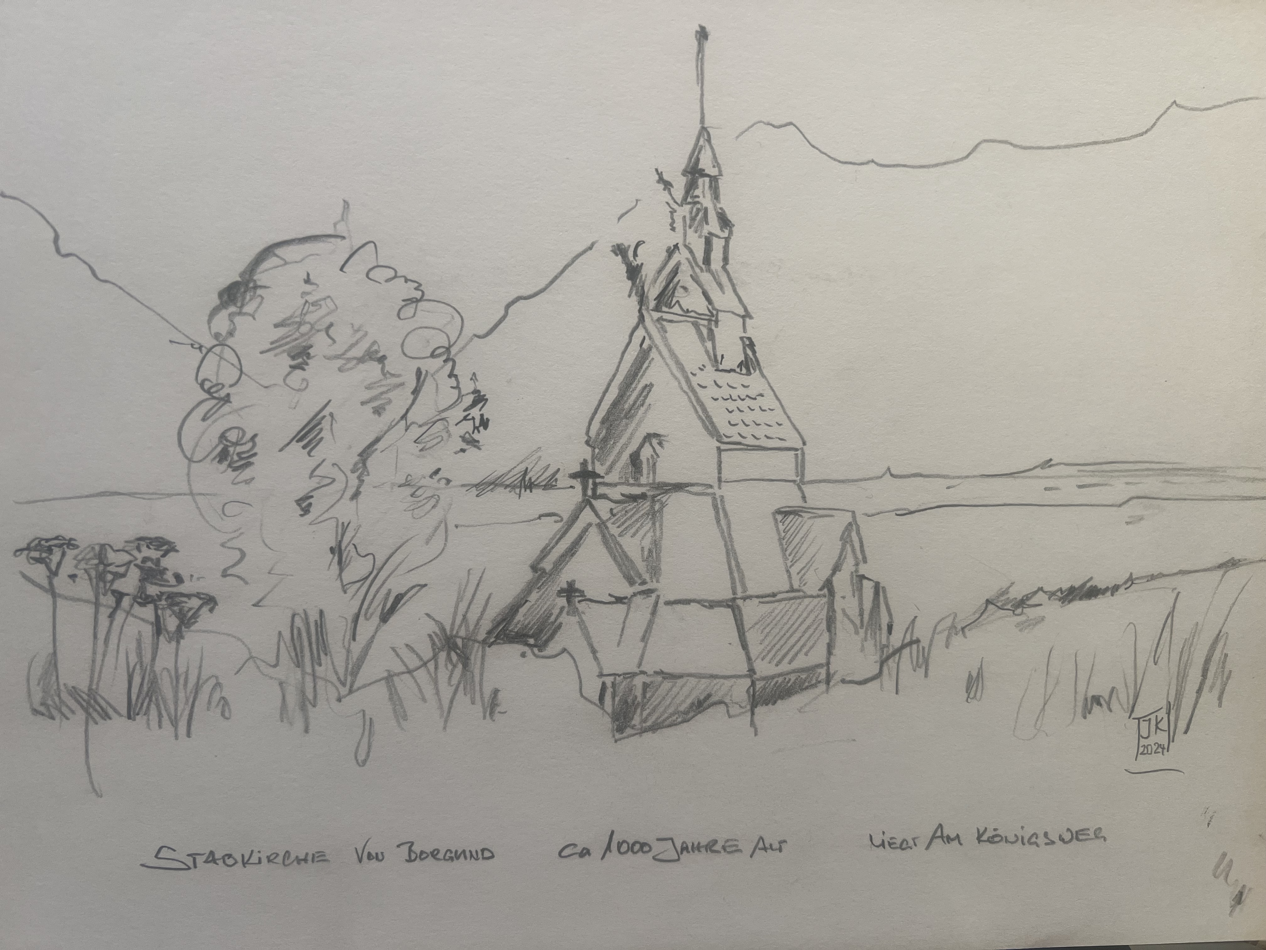 Bleistiftskizze Norwegenreise 2024 Turm der Holzstabkirche von Borgund Norwegen