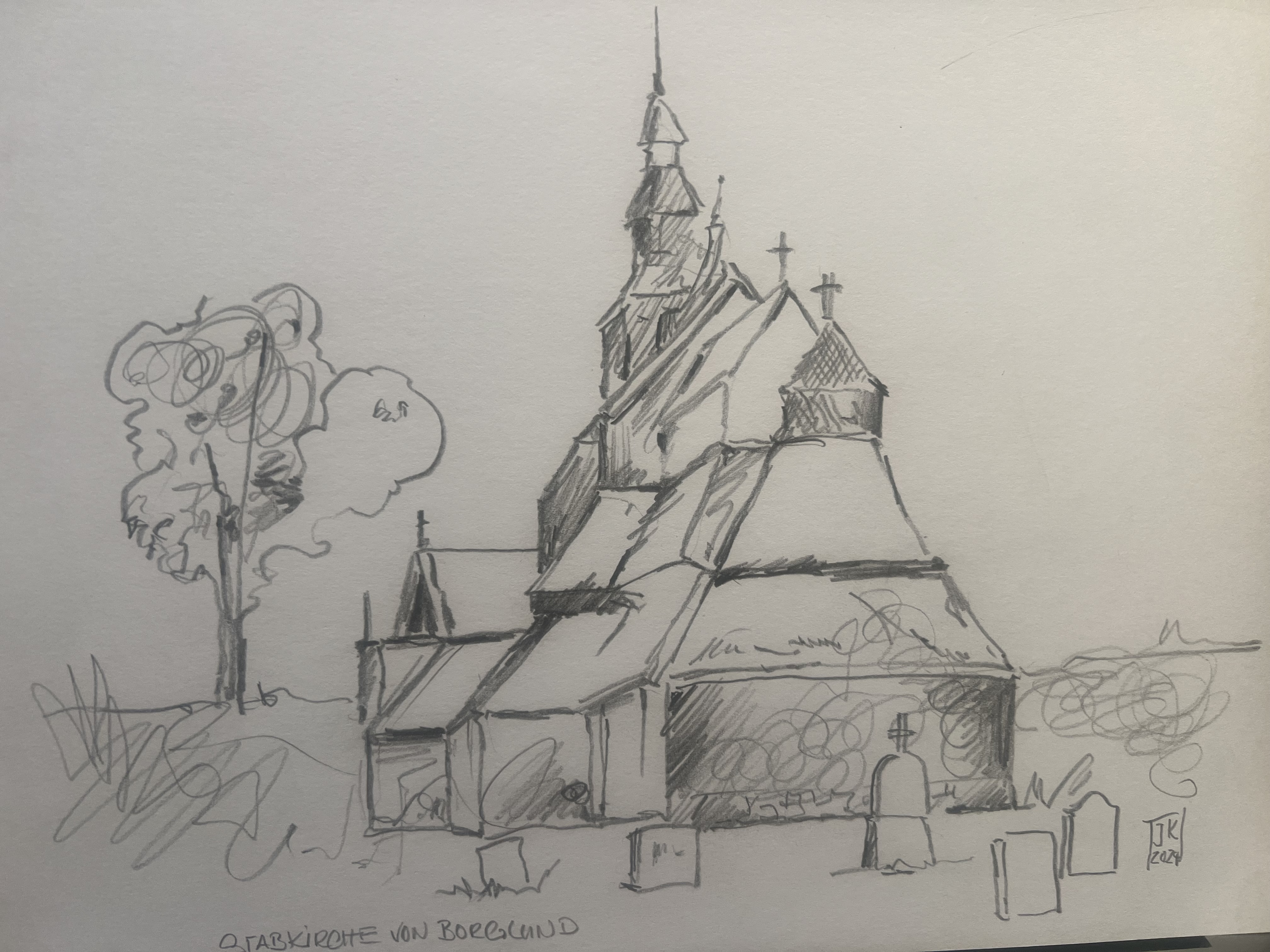 Bleistiftskizze 2024 Holzstabkirche von Borgund Norwegen