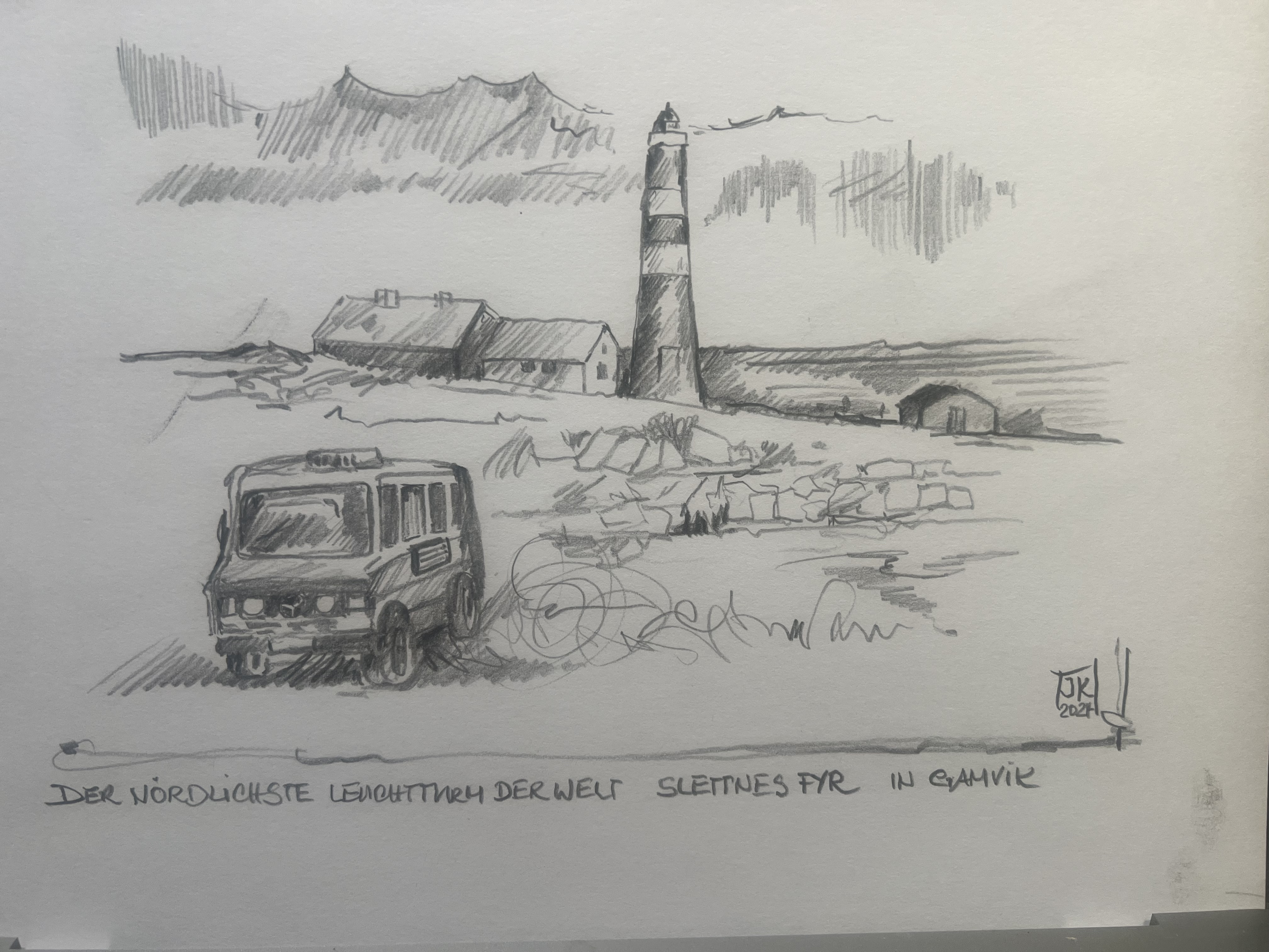 Bleistiftskizze Norwegen 2024 der nördlichste Leutturm der Welt 