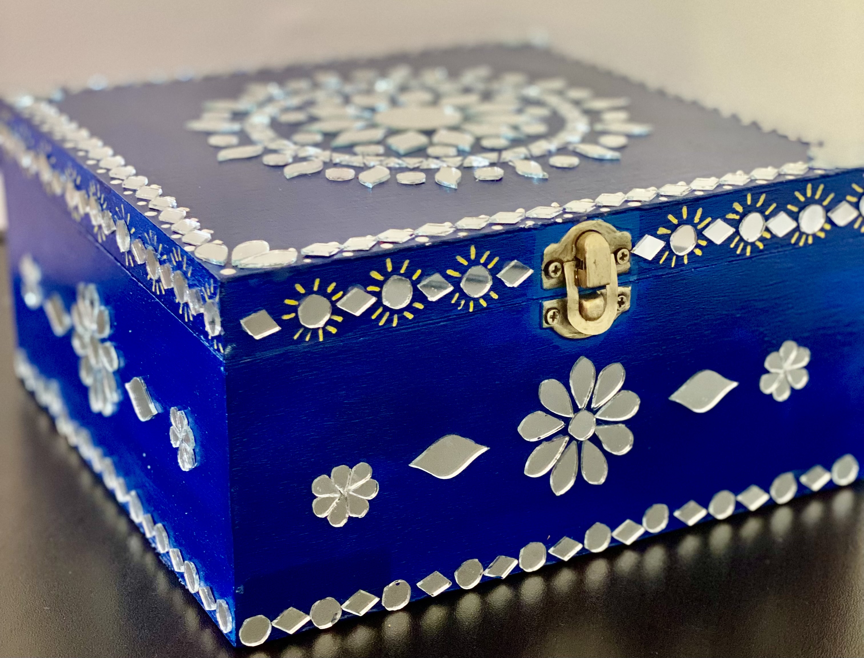 Wooden - Floral Mirror Work Jewellery Box 