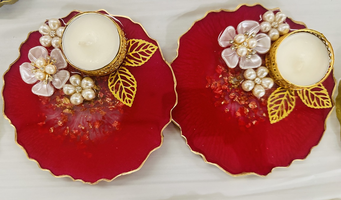 Resin - Flower Pearls Tealight Holder - Set of 2