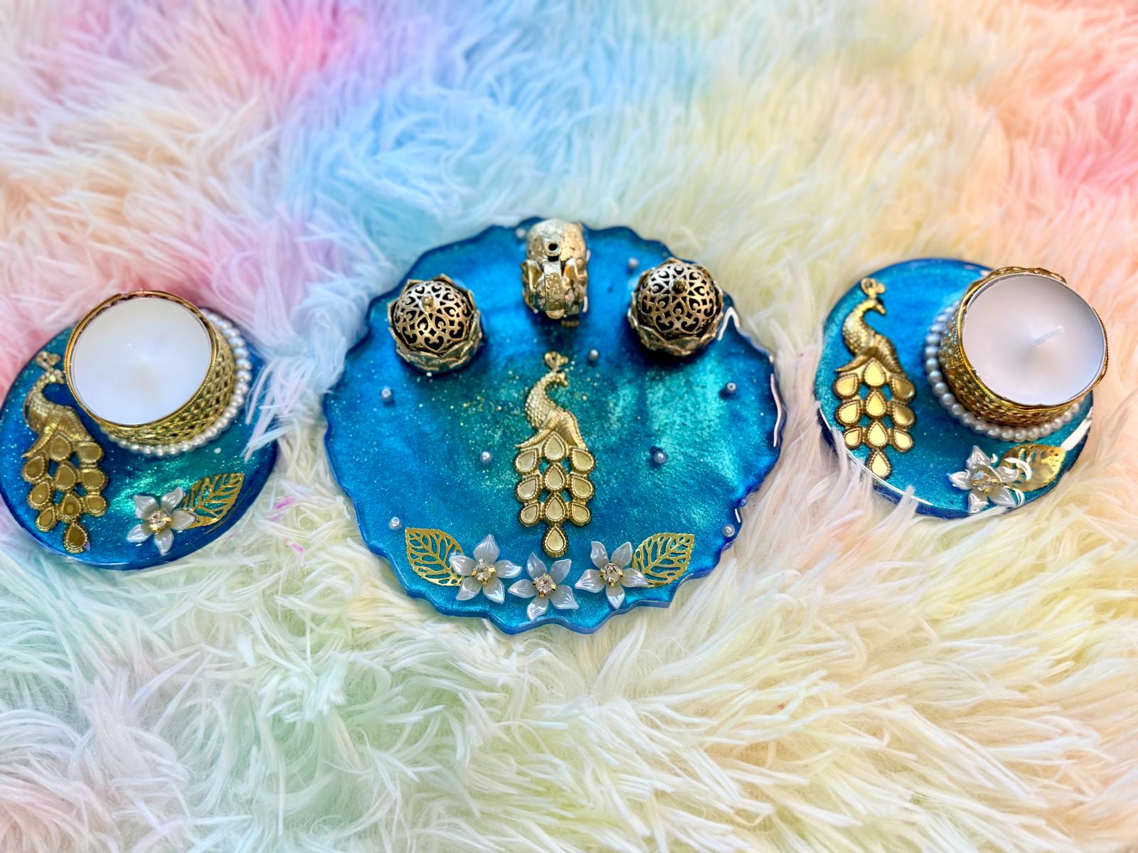 Resin Peacock haldi Kumkum incense plate and Tealight Holders-Set of 3