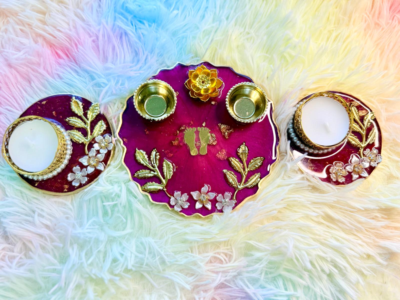 Resin-Decorative haldi Kumkum incense plate and Tealight Holders-Set of 3