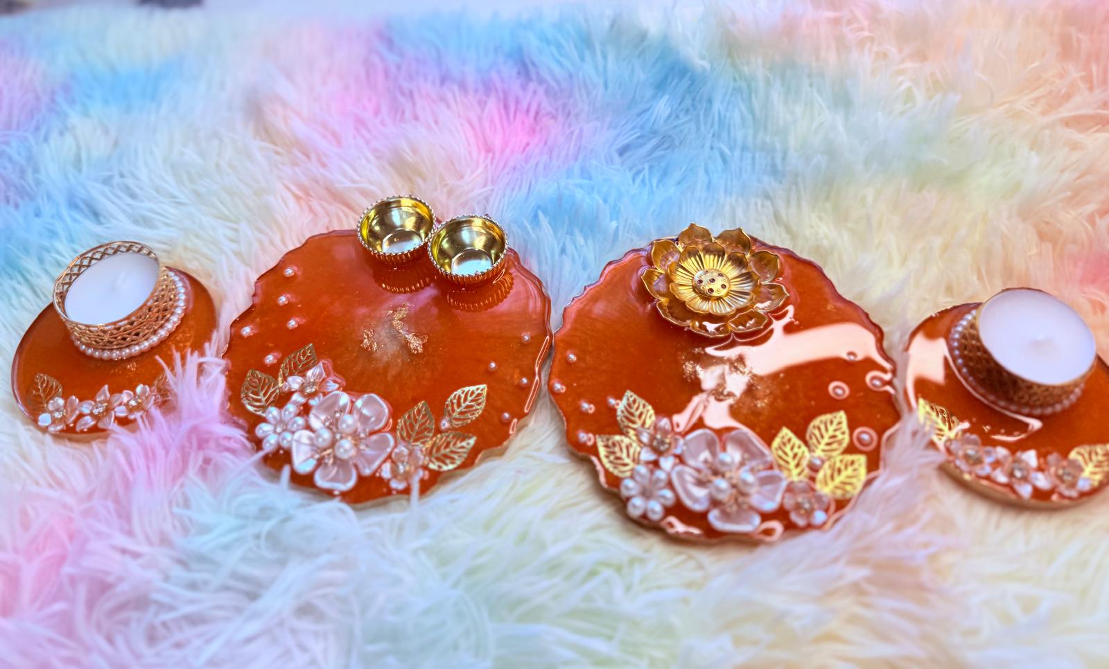 Resin -haldi Kumkum ,incense plate and Tealight Holders-Set of 4
