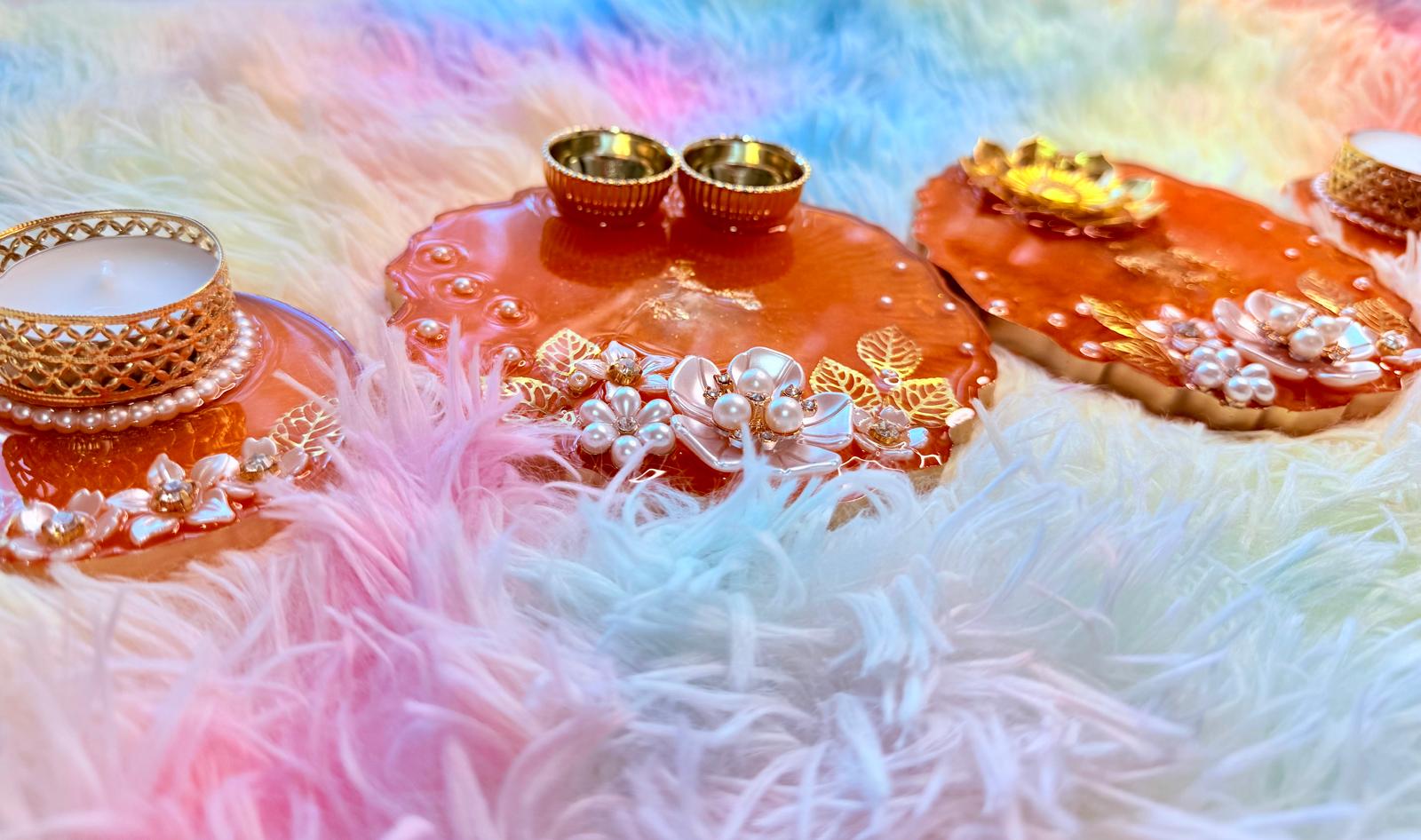 Resin -haldi Kumkum ,incense plate and Tealight Holders-Set of 4
