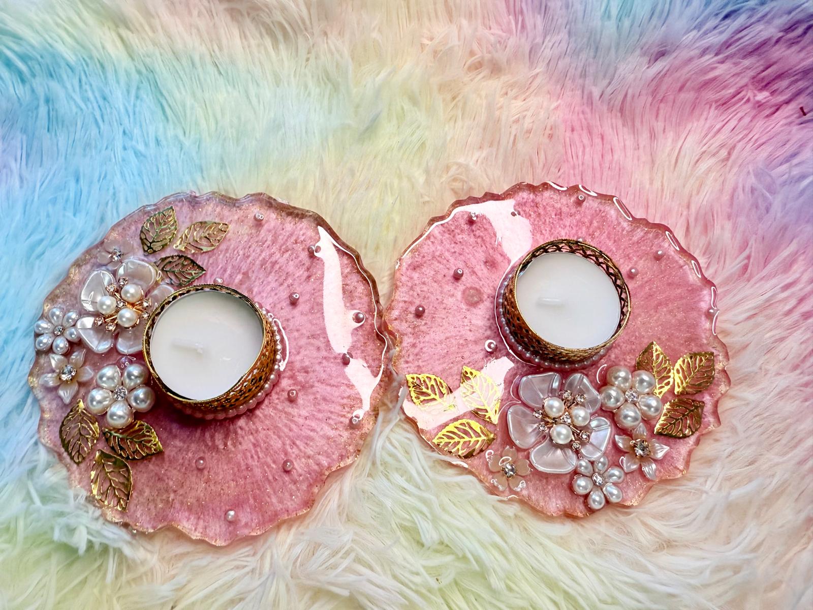 Resin-Decorative Tealight Candle Holders with pearl accents-Set of 2