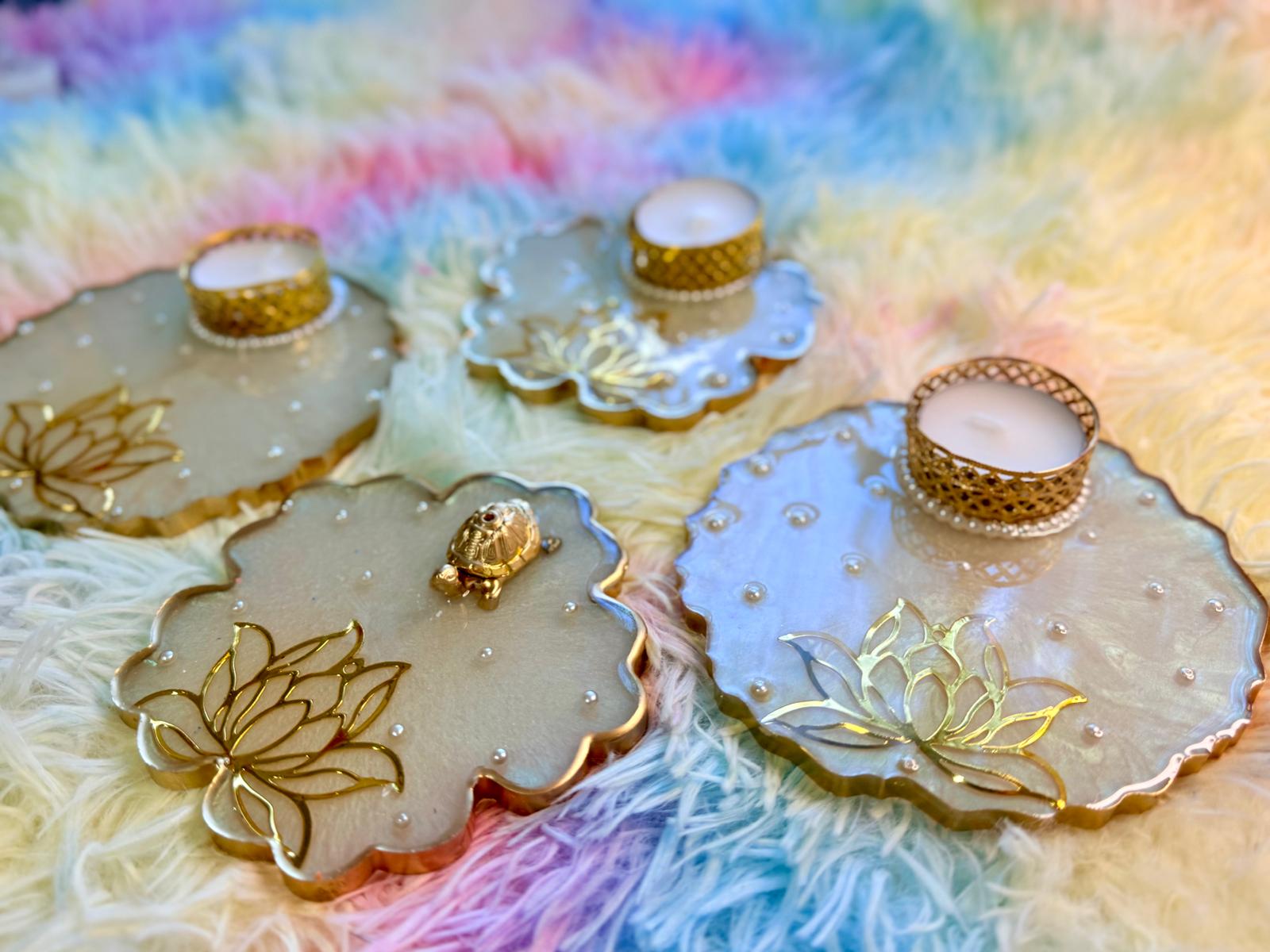 Resin-Lotus Tealight Candle Holders with pearl accents(set of 2)