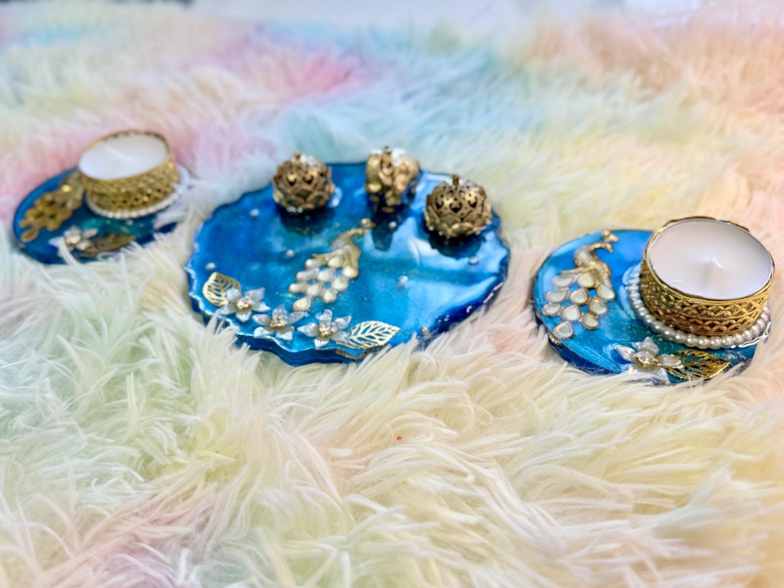 Resin Peacock haldi Kumkum incense plate and Tealight Holders-Set of 3