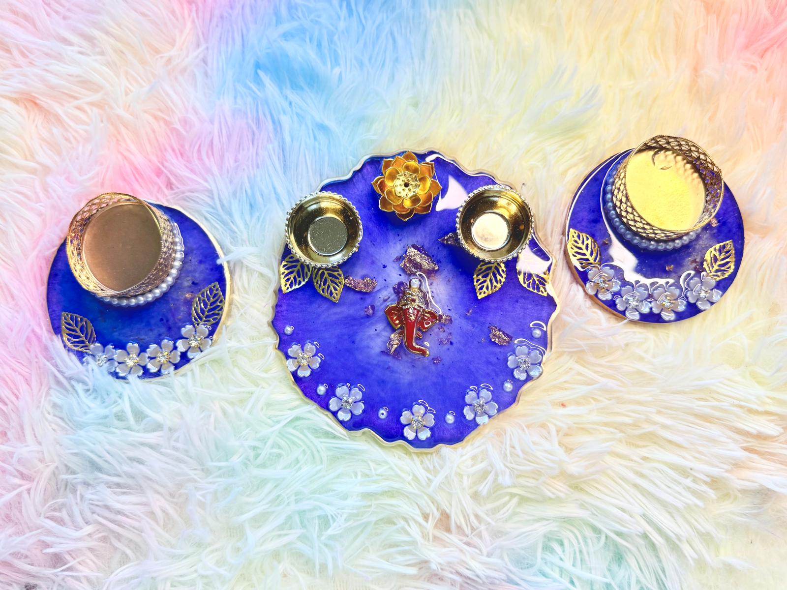 Resin- haldi Kumkum incense plate and Tealight Holders-Set of 3