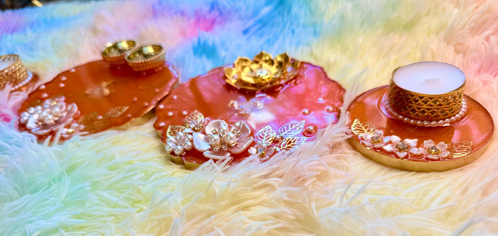 Resin -haldi Kumkum ,incense plate and Tealight Holders-Set of 4