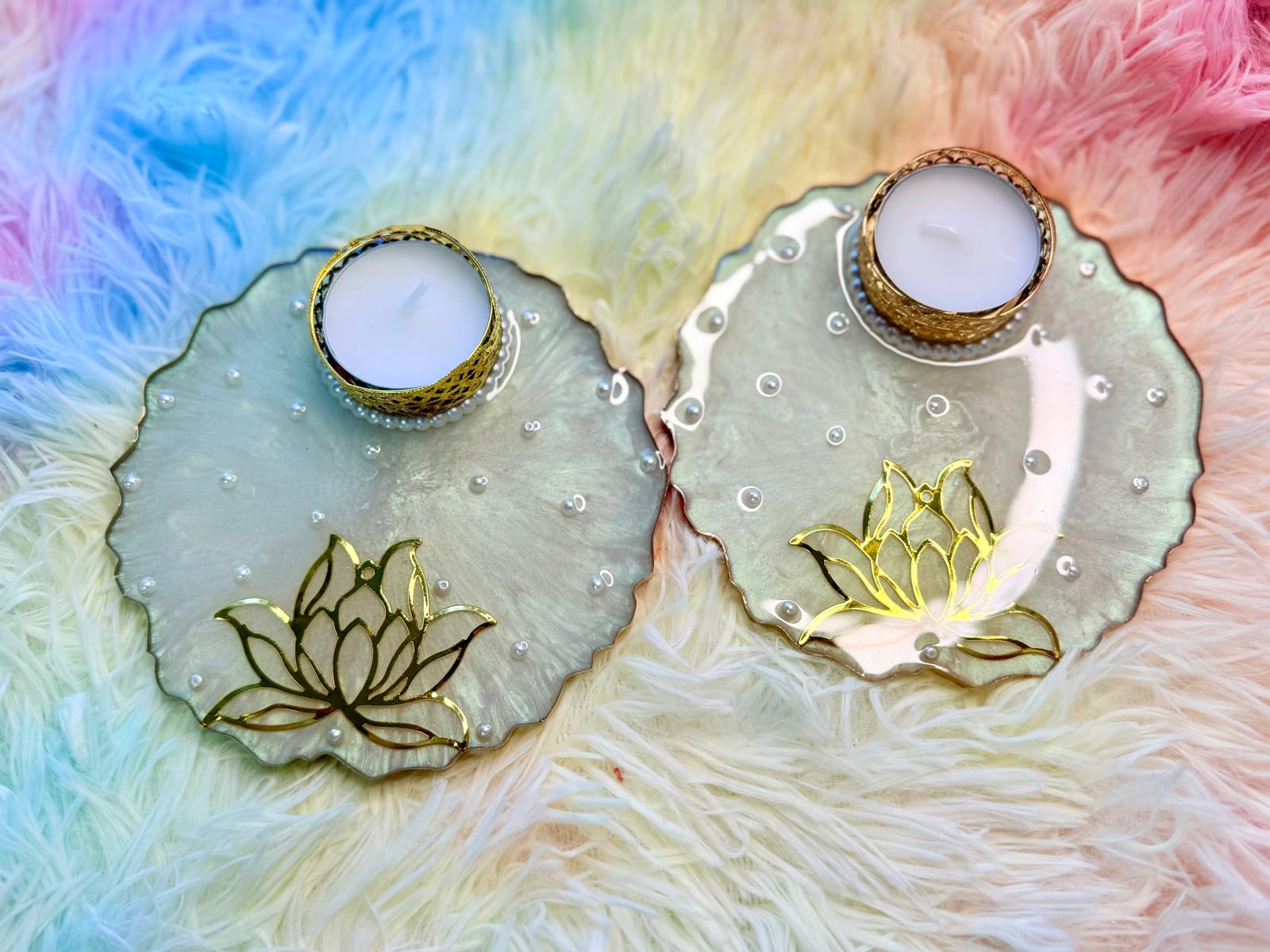Resin-Lotus Tealight Candle Holders with pearl accents(set of 2)