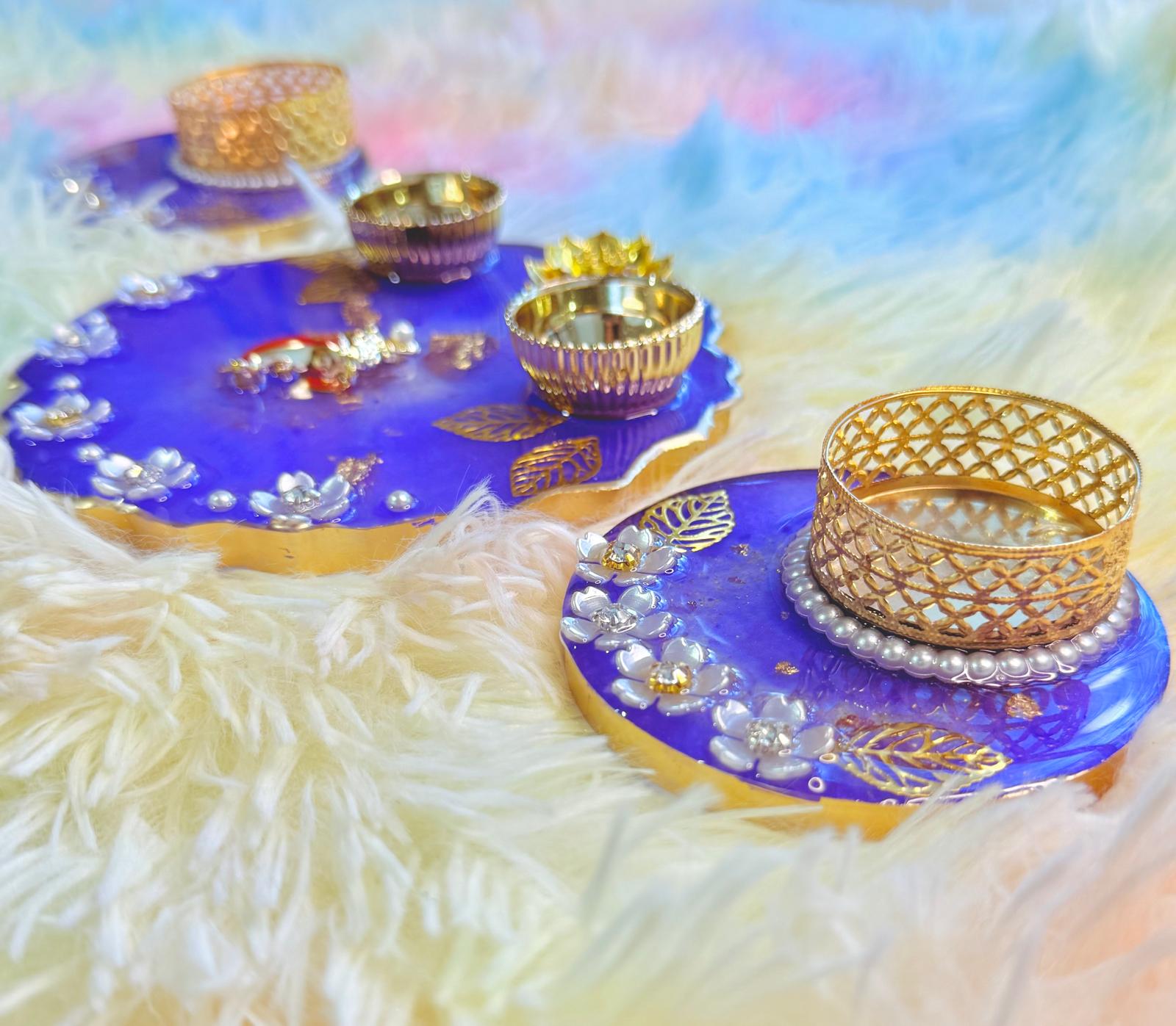 Resin- haldi Kumkum incense plate and Tealight Holders-Set of 3