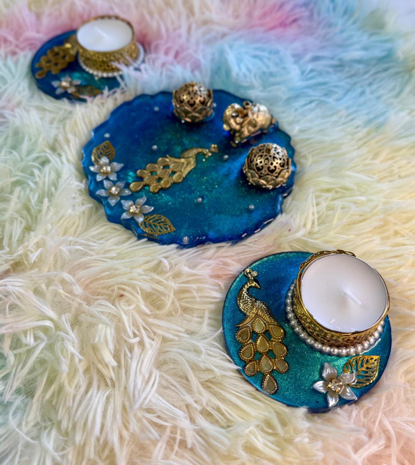 Resin Peacock haldi Kumkum incense plate and Tealight Holders-Set of 3