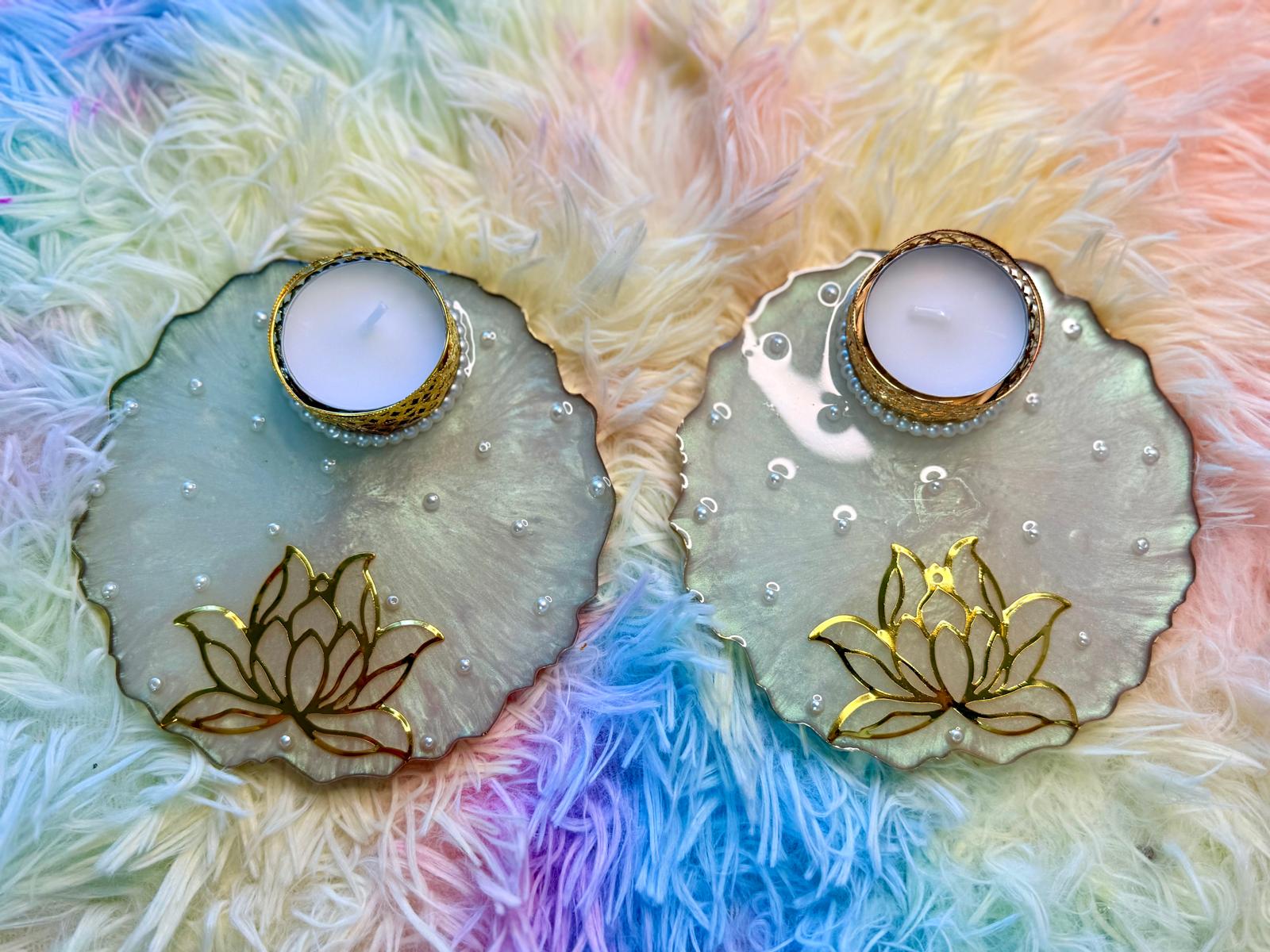 Resin-Lotus Tealight Candle Holders with pearl accents(set of 2)
