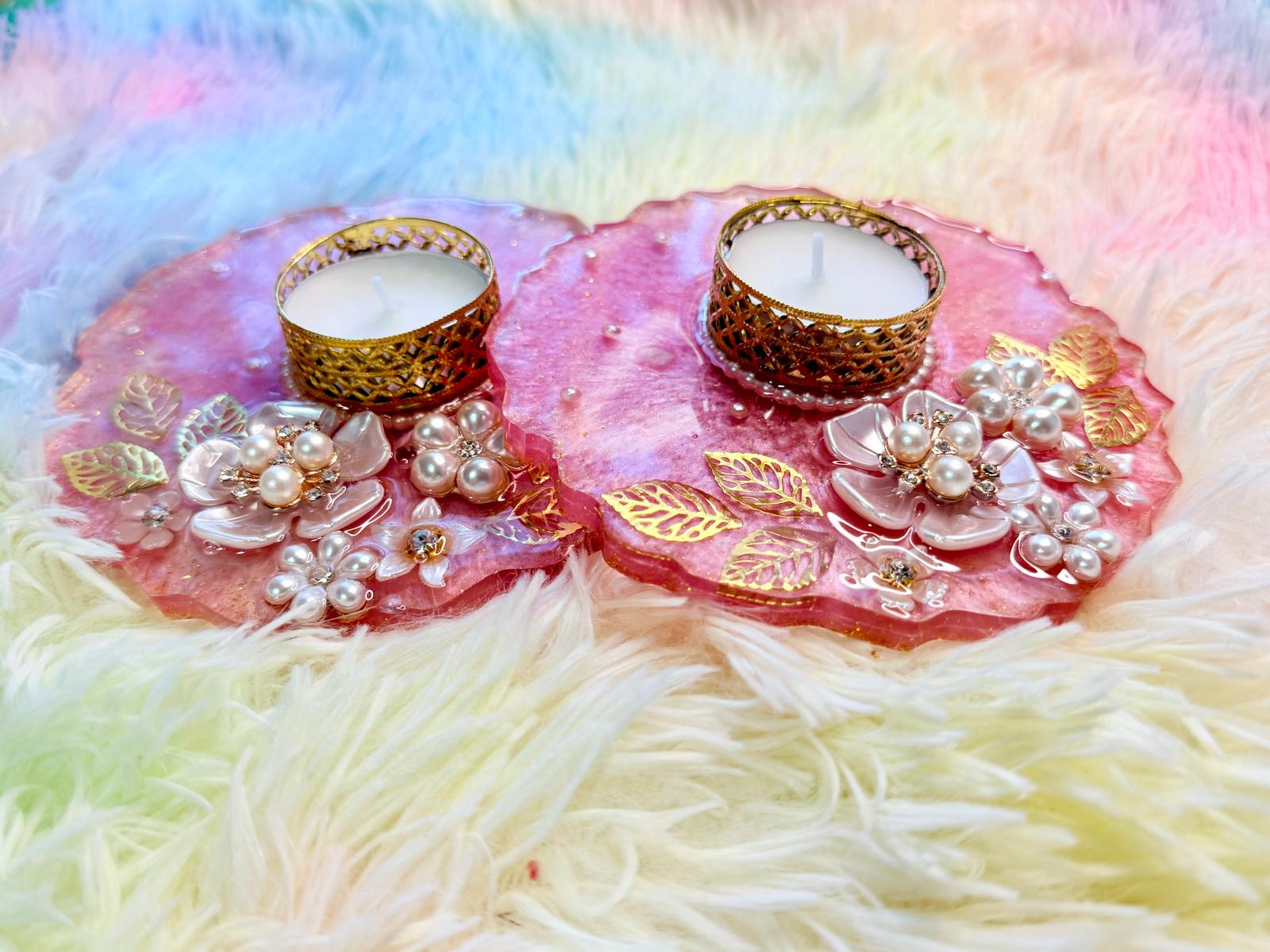 Resin-Decorative Tealight Candle Holders with pearl accents-Set of 2