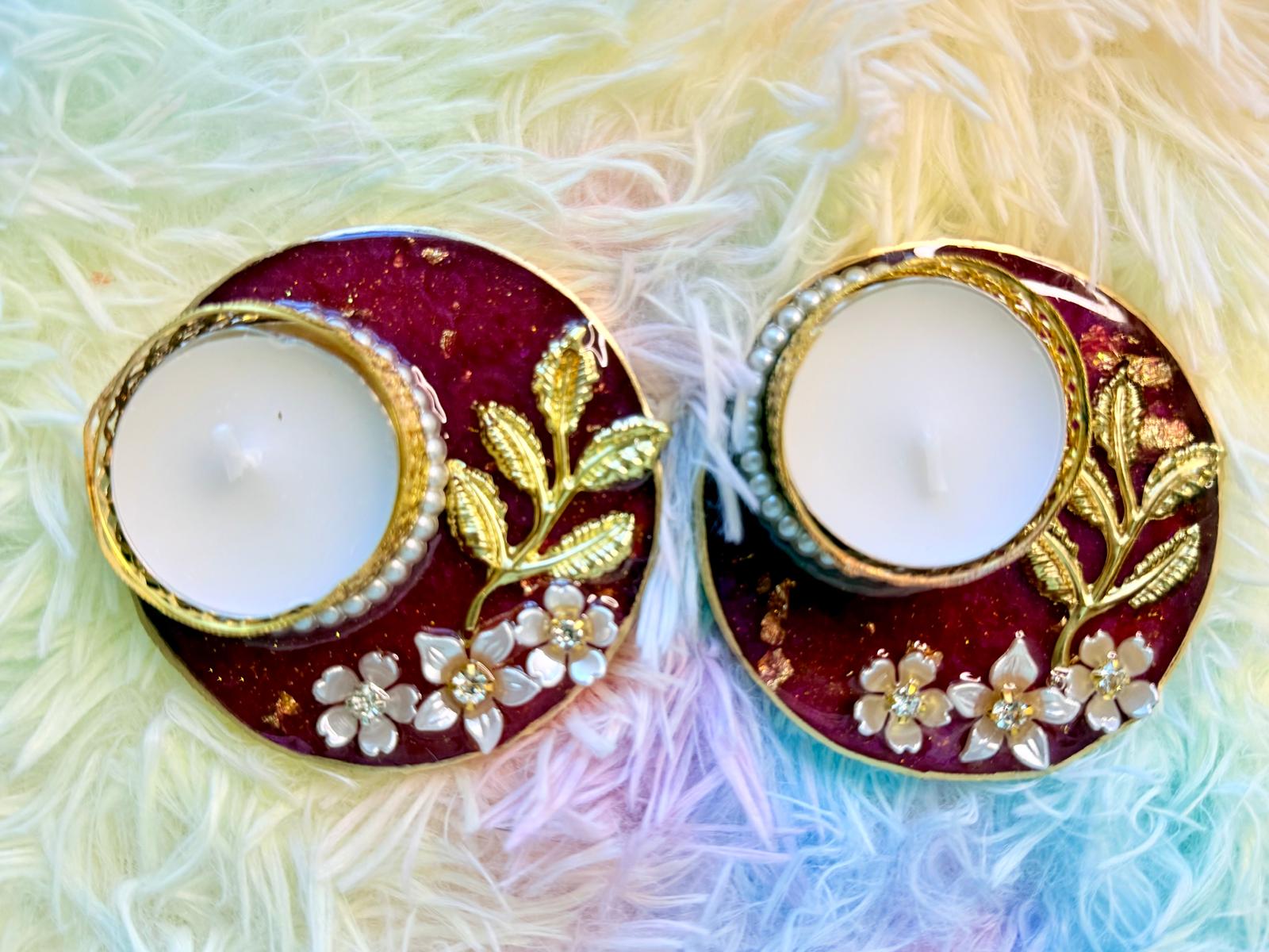 Resin-Decorative haldi Kumkum incense plate and Tealight Holders-Set of 3