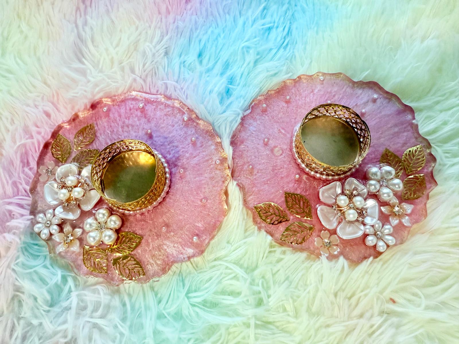 Resin-Decorative Tealight Candle Holders with pearl accents-Set of 2
