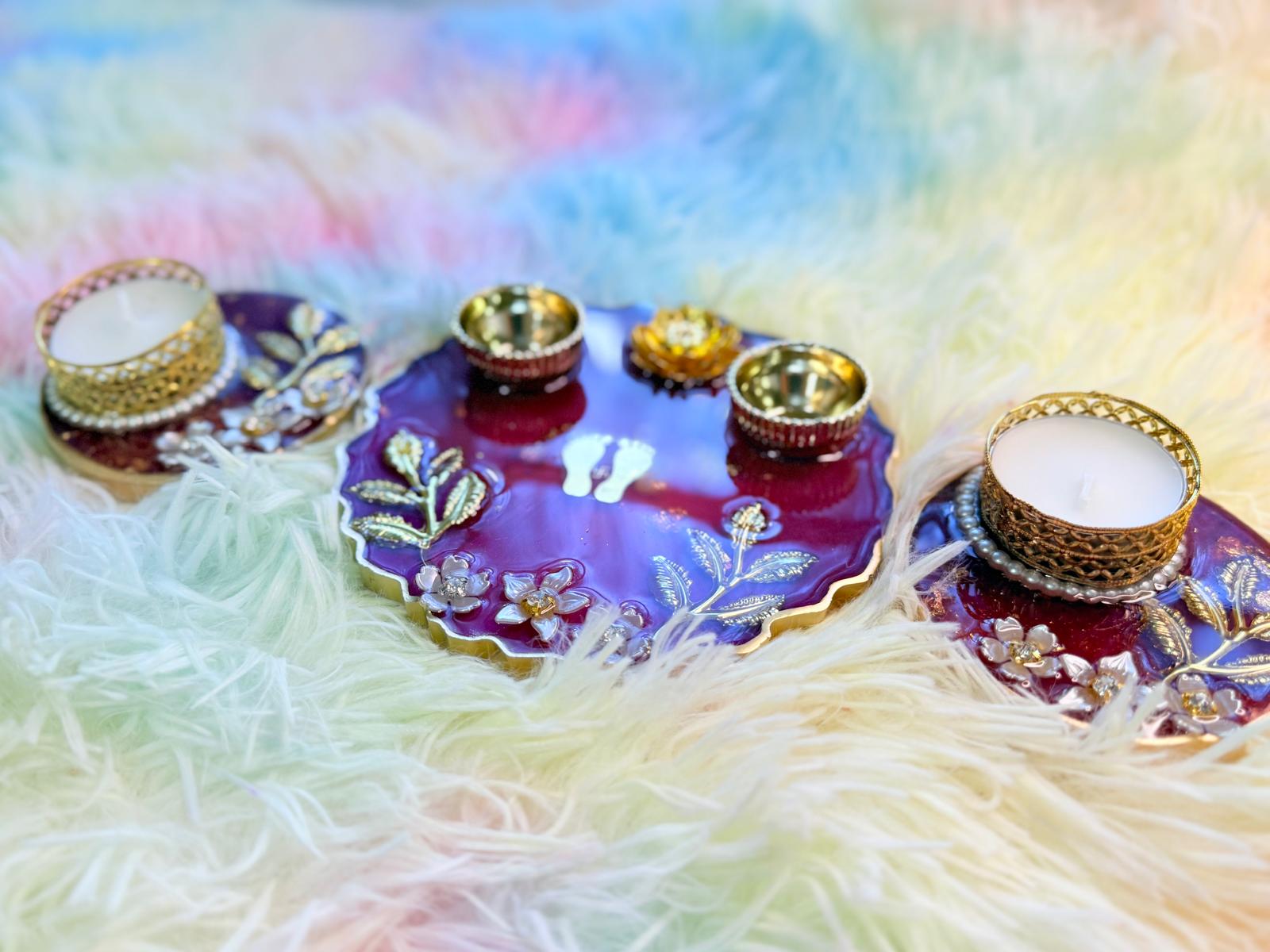 Resin-Decorative haldi Kumkum incense plate and Tealight Holders-Set of 3