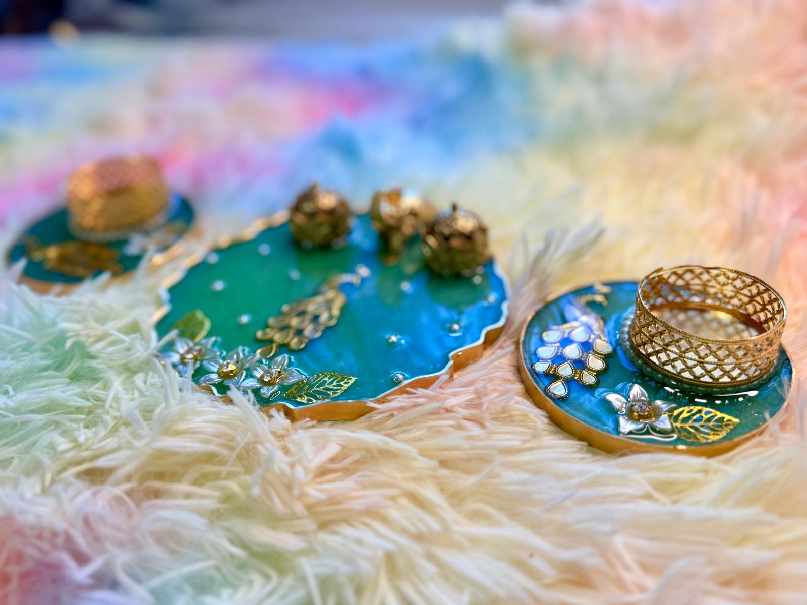Resin Peacock haldi Kumkum incense plate and Tealight Holders-Set of 3