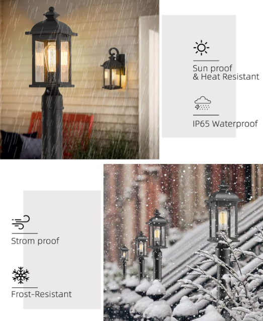 Dusk to Dawn Outdoor Post Light, Waterproof Pole Lantern Light Fixture, Exterior Lamp Posts Outdoor Lighting for Garden Patio Yard Pathway Driveway, Clear Glass Panel, 4FD54P-PC BK