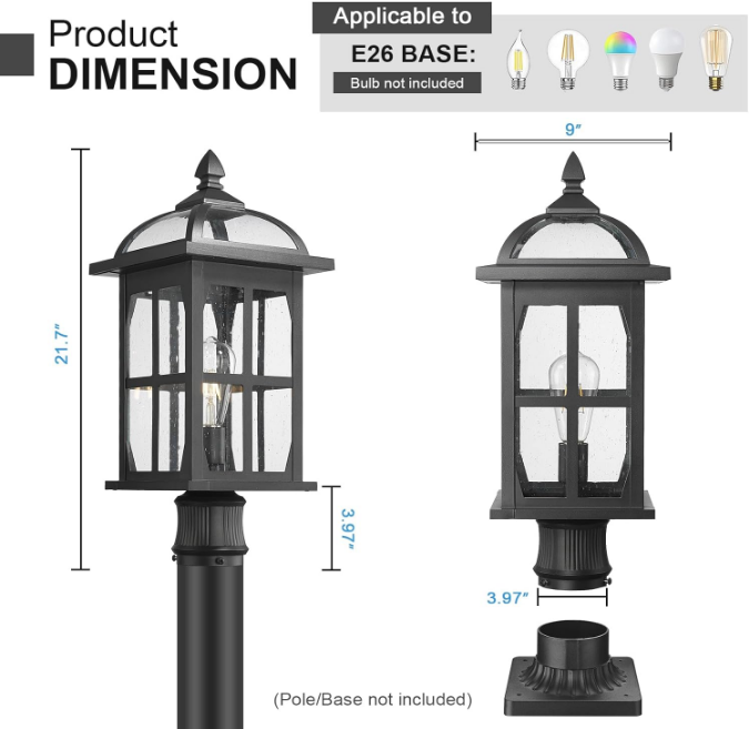 Large Outdoor Post Lights Lamp Posts Outdoor Lighting, 21.7inch Waterproof Aluminum Post Lights Exterior Light Fixtures with Glass,Overside Fence Pole Lights for Porch Yard Patio Garage