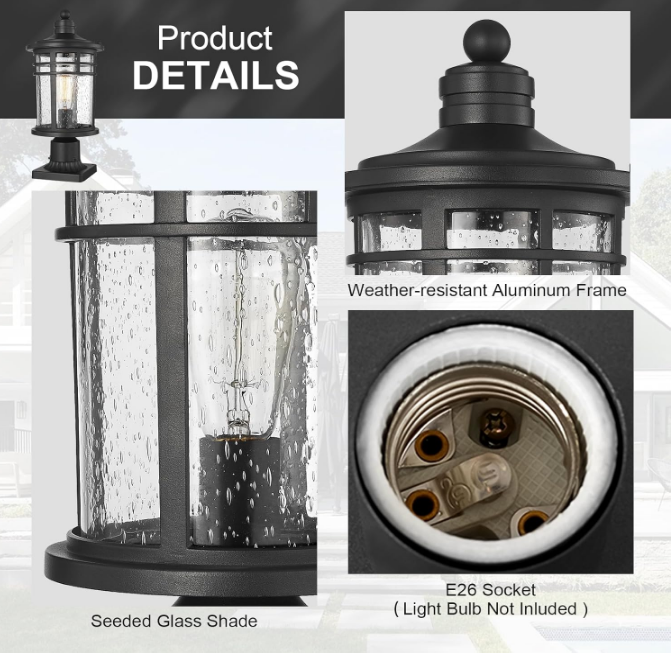 Large Outdoor Post Lights Lamp Posts Outdoor Lighting, 17inch Aluminum Post Lights Waterproof Outdoor Light Fixtures with Glass, Light Posts for Outside Patio Yard (Large, Black)