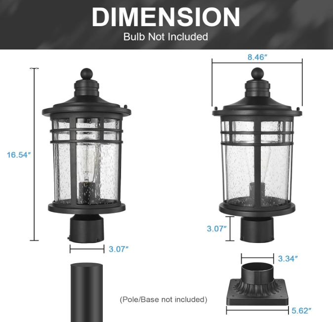 Large Outdoor Post Lights Lamp Posts Outdoor Lighting, 17inch Aluminum Post Lights Waterproof Outdoor Light Fixtures with Glass, Light Posts for Outside Patio Yard (Large, Black)