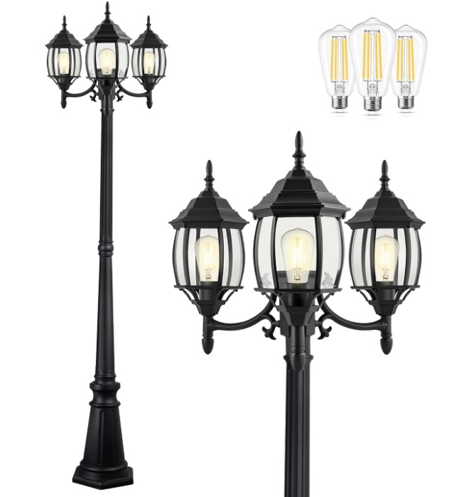 Outdoor Lamp Post Light 3-Head, Classic Black Light Pole with Clear Glass Panels, E26 Base Maximum 100W (3 LED Bulbs Included), Waterproof Street Light for Backyard, Garden, Driveway