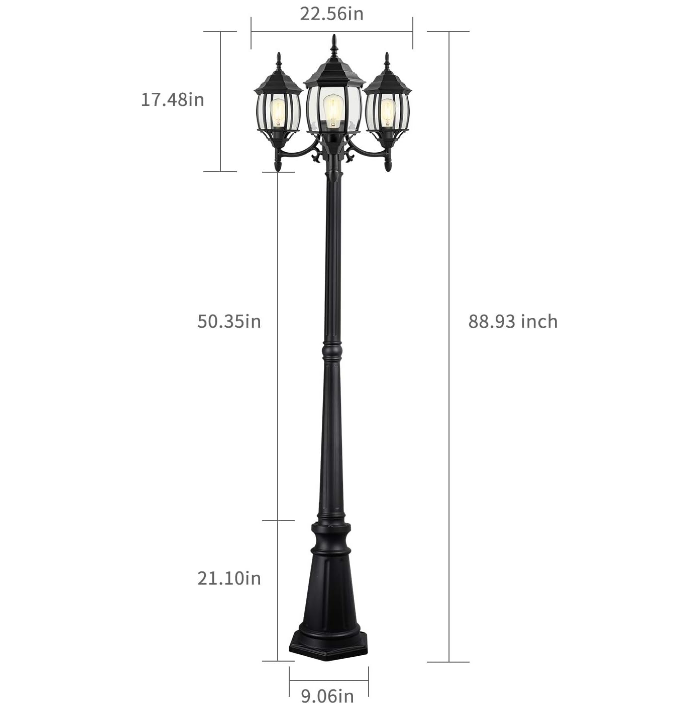 Outdoor Lamp Post Light 3-Head, Classic Black Light Pole with Clear Glass Panels, E26 Base Maximum 100W (3 LED Bulbs Included), Waterproof Street Light for Backyard, Garden, Driveway